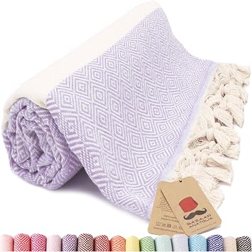 Bazaar Anatolia Turkish Beach Towel 100% Cotton Bath Towel Extra Large Quick Drying Boho Farmhouse Decorative Sheet Bathroom Towel Sand Free Camping Blanket Lavender 71x39 Inch Diamond Lilac