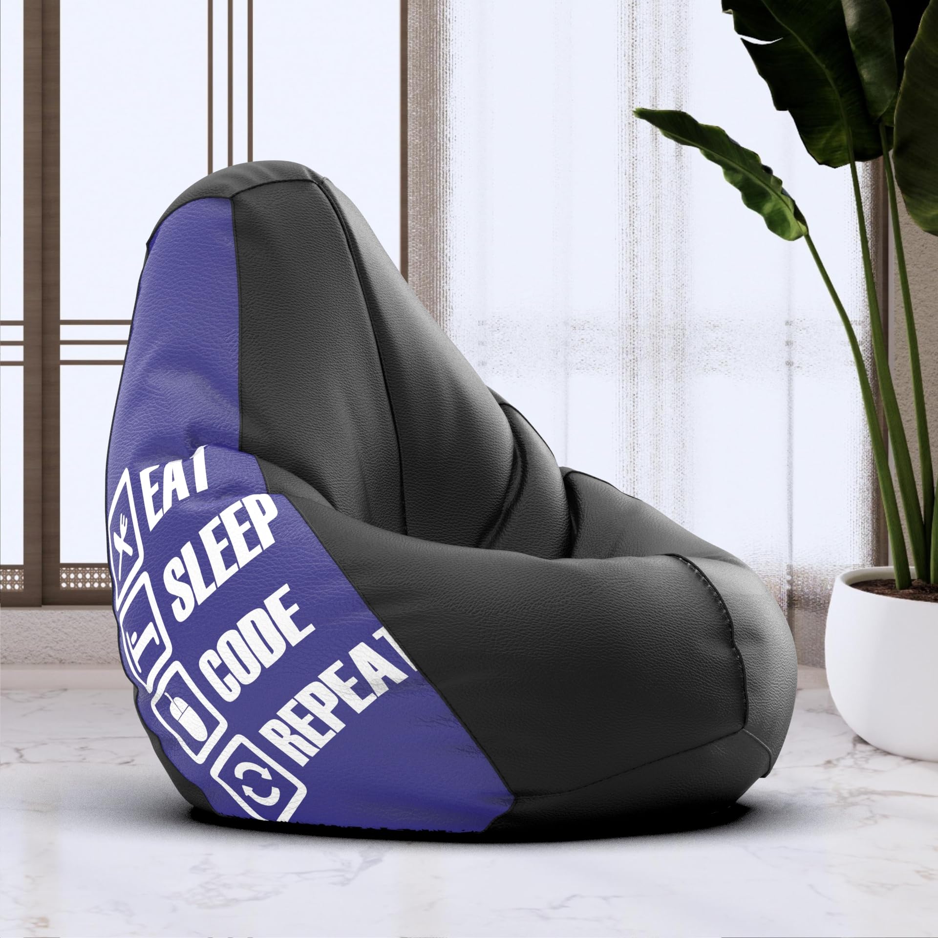 Bean Bag Chair Cover | Size: 3XL | Color: Eat Sleep Code - Black Blue | Without Beans | Premium Leatherette Cover (CMF 2530)-image-0