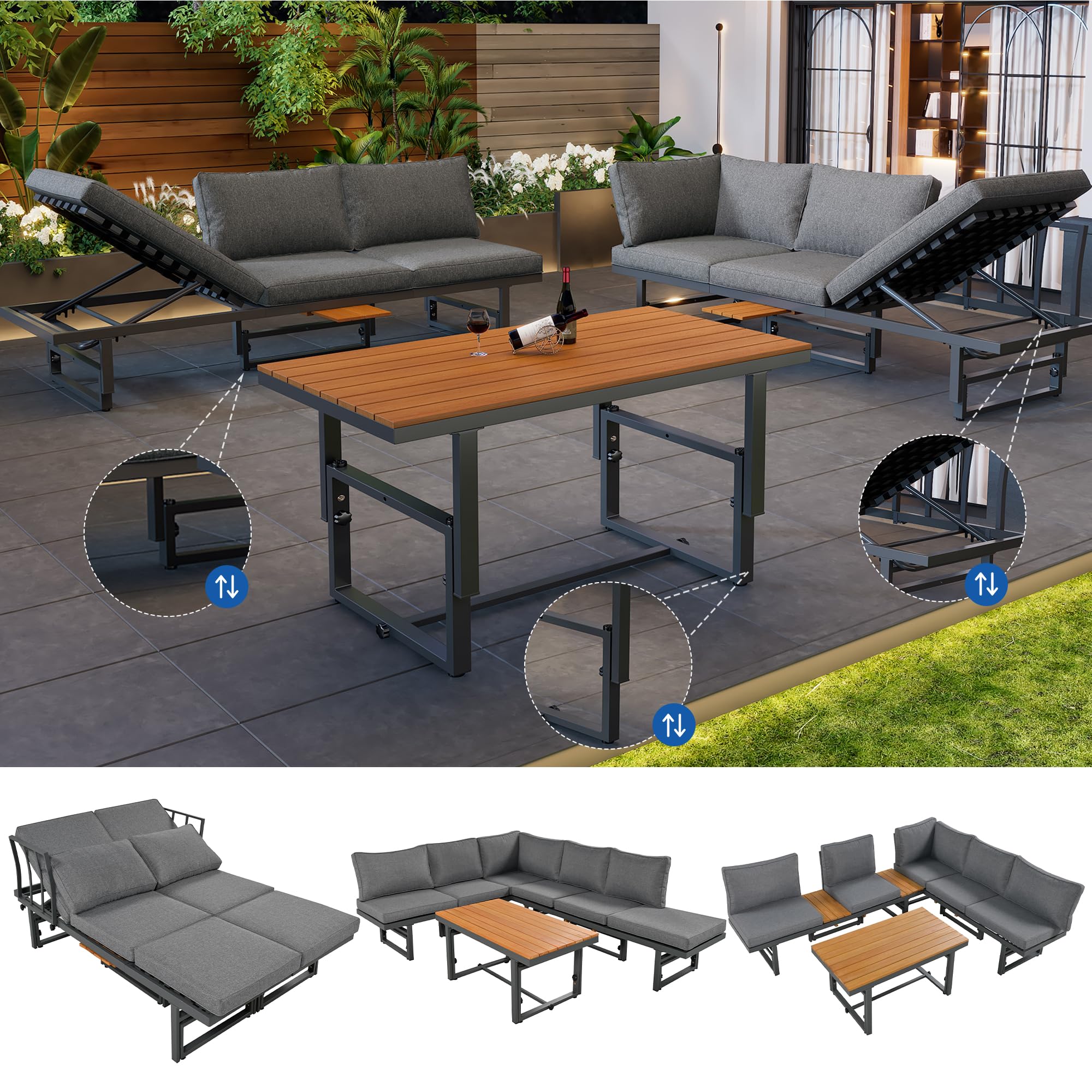 Set di mobili da giardino, grigio, 3 pezzi, con 2 divani, tavolo, struttura in ferro verniciato a polvere, schienale regolabile, in legno di acacia, tavolo regolabile, con tutti i cuscini e