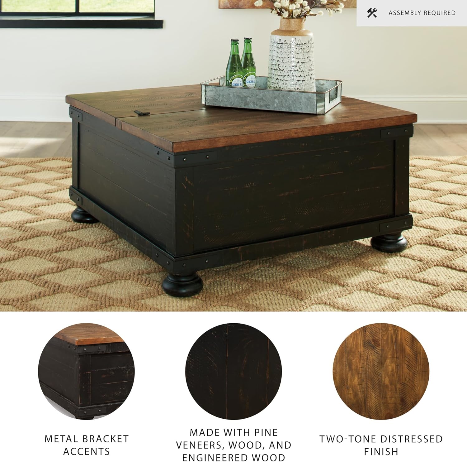 Signature Design by Ashley Valebeck Lift Top Coffee Table, Storage, Split-top Design, Wood, 36" W x 36" D x 18" H, 2-tone Distressed Brown & Black Finish