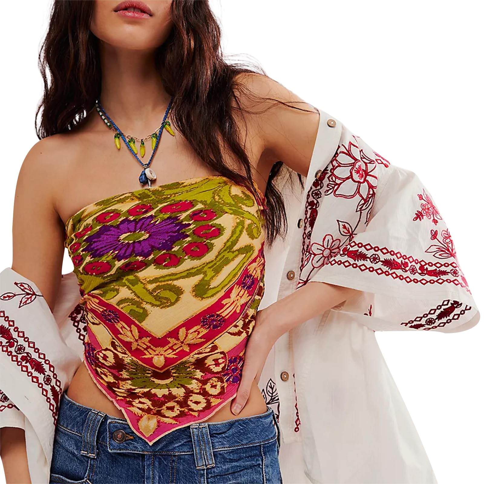 Women Paisley Print Tube Top Vintage Floral Strapless Handkerchief Crop Top Boho Beachwear Bandana Top (Mixed Color, L)