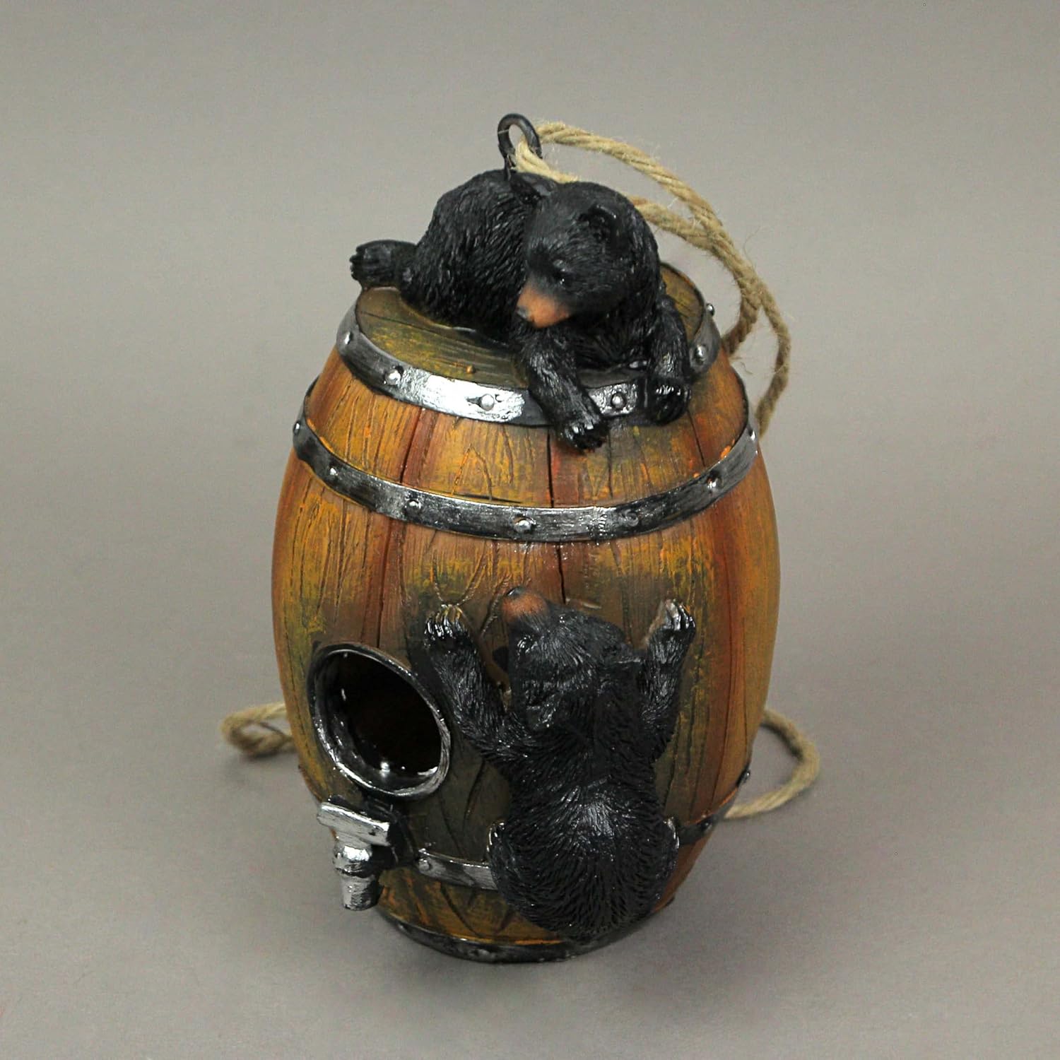 Resin Black Bear Climbing Barrel Decorative Hanging Birdhouse Cabin Garden Decor