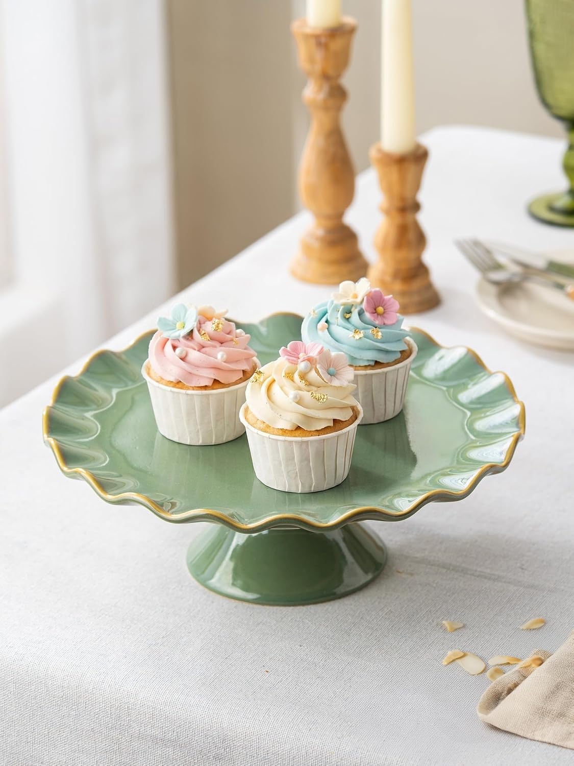 YHOSSEUN YHOJOY Cake Stand Ceramic, Small Cake Stand for 8 Inch Cake & Green Utensil Holder, Green Kitchen Decor