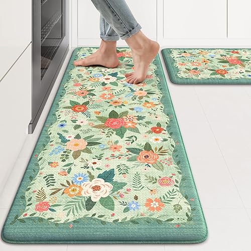 Miniatura 14 de KIMODE Tapetes de cocina para suelo antifatiga, color beige, bohemio, alfombras de cocina antideslizantes, tapetes acolchados de espuma Beige,Azul