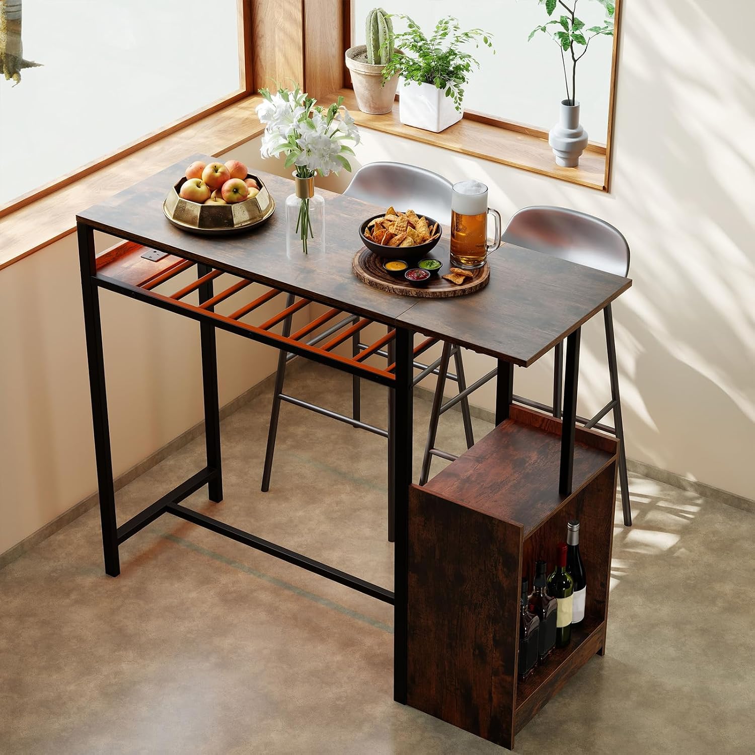 Giantex Rectangular Bar Table with Charging Station and LED Light, Counter Height Dining Table with Wine Rack, 2 Rows Glass Rack, Sturdy Metal Frame, Pub Tables for Kitchen, Restaurant, Dining Room