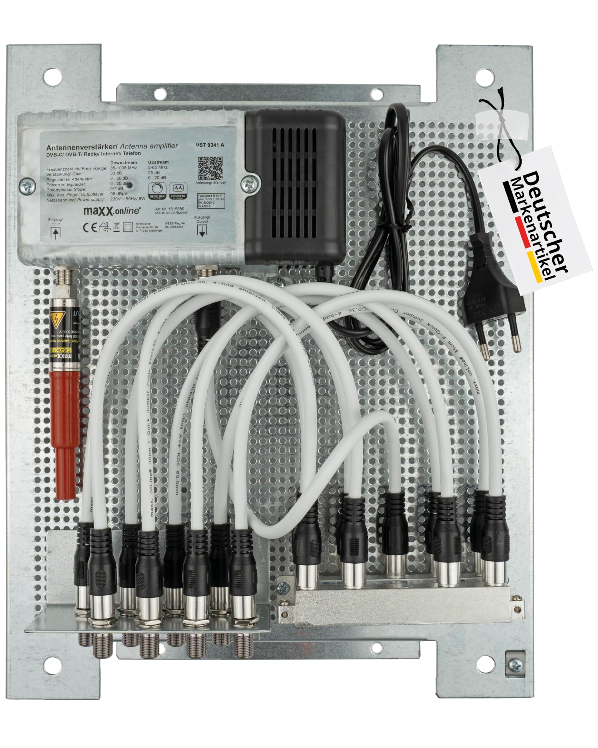 Juego de 8 participantes con amplificador de antena para televisión por cable, refuerzo de 33 dB y canal de retorno, distribuidor de cables, protección contra sobretensiones, cable de