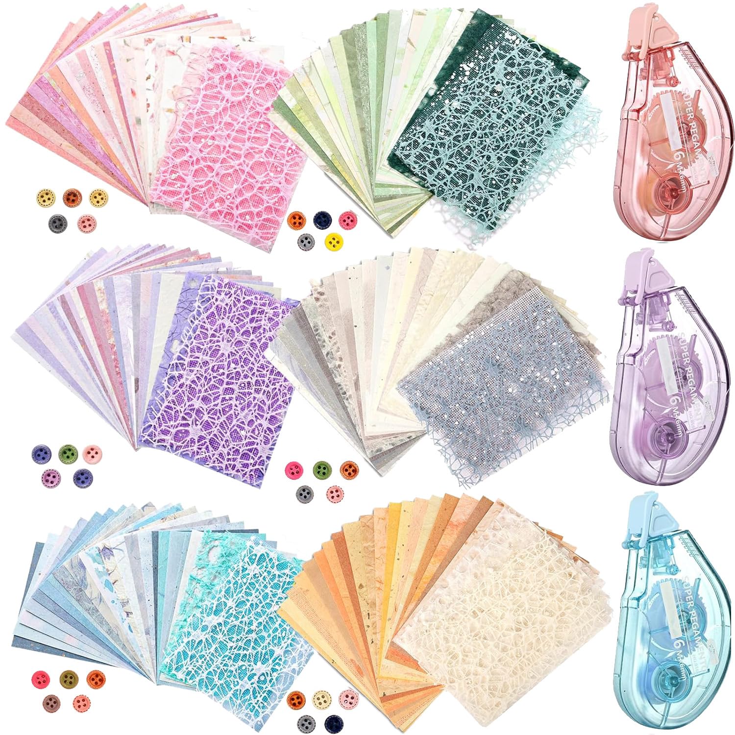 Acidea 156 Sheets Textured Scrapbook Paper and Mesh Fabric Assorted Set, 6 Pack Mixed Special Paper for Scrapbooking Planner Bullet Junk Journal Supplies Mixed Collage Card Embellishments Papers