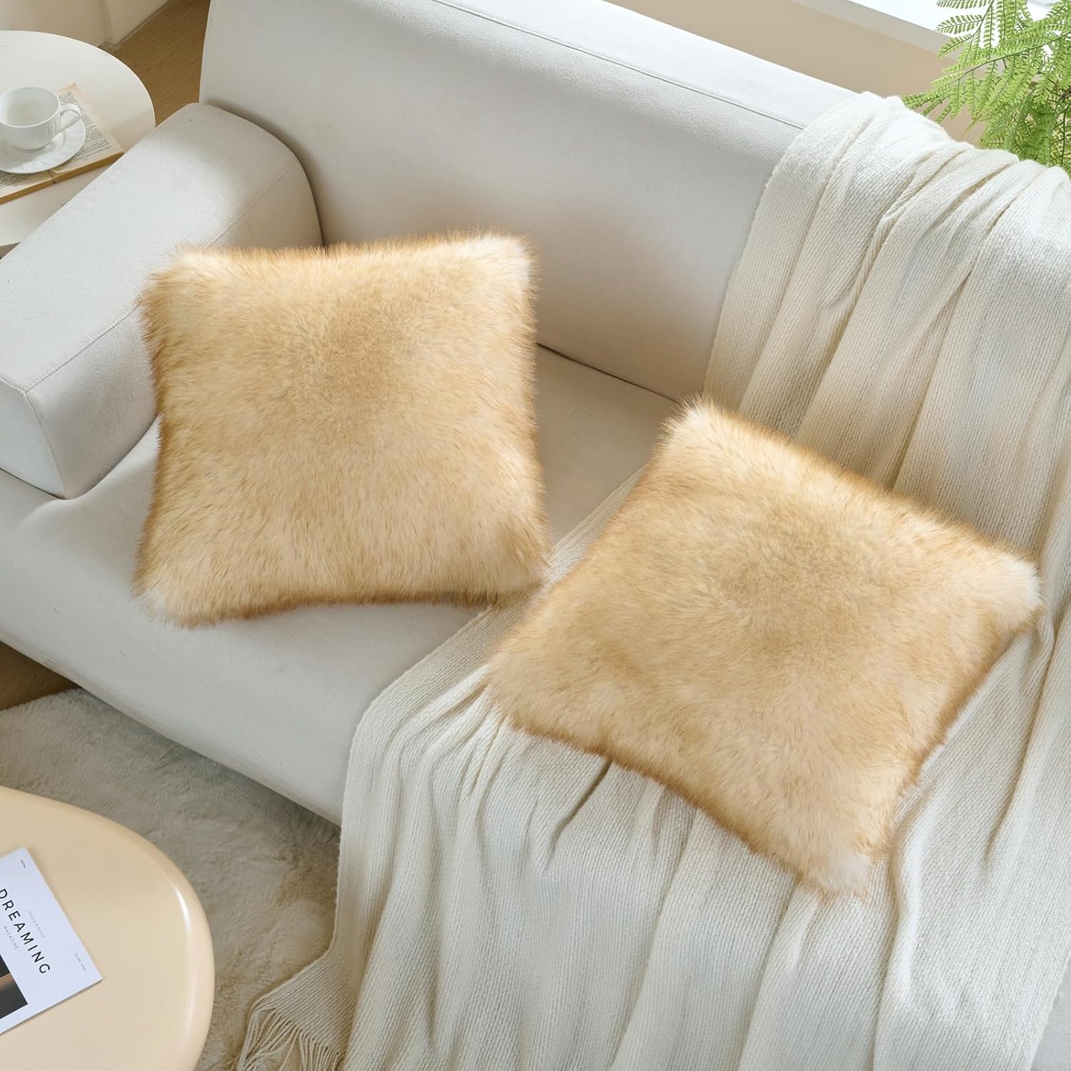 FUTEI Brown White Decorative Throw Pillow Covers 18x18 Inch Set of 2,Soft Fluffy Faux Fox Fur Textured Cushion Case,Modern Home Decor for Couch Living Room - Image 5