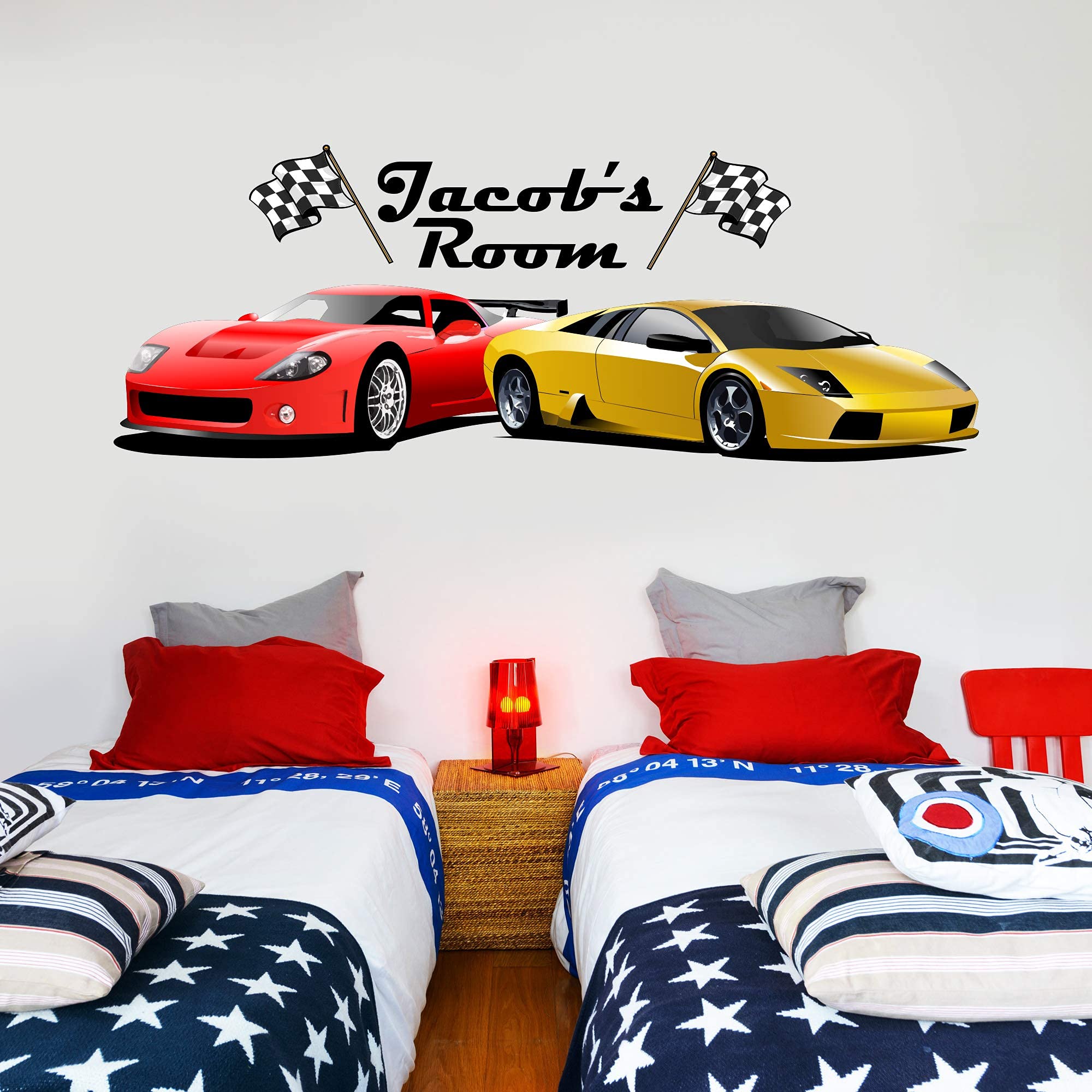 Beautiful Game Sports Cars Personalised Name Wall Sticker - Children Nursery Art Kids Bedroom Decal (180cm width)