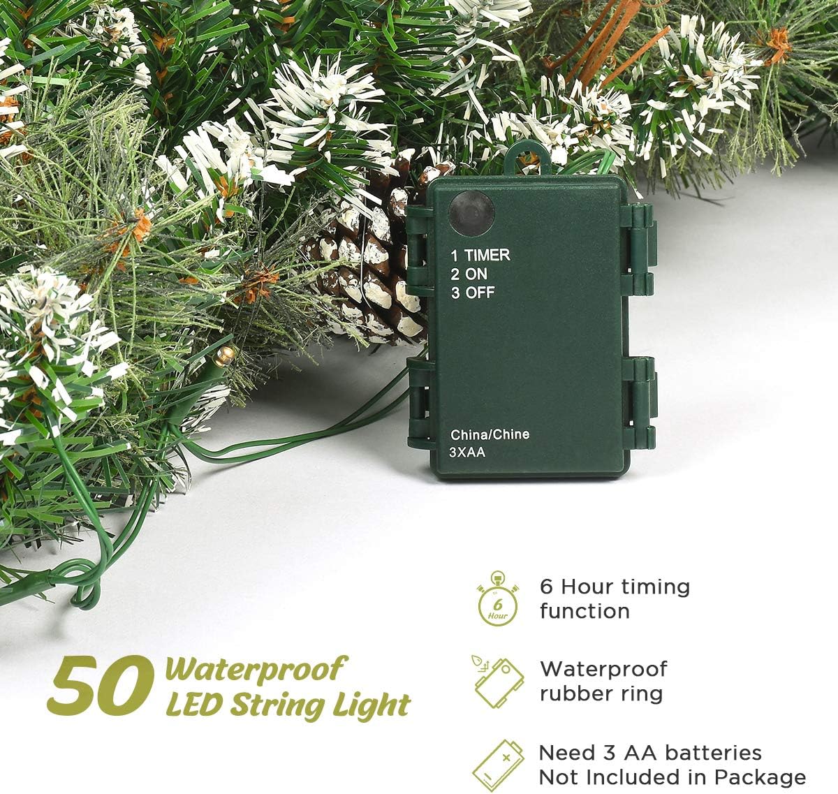 9 FT Prelit Christmas Garland with Pine Cones, Artificial Snowy Pine Garland for Christmas 50 LED Battery Operated Warm Lights and Timer Xmas Garlands Decor Indoor Outdoor - Image 4