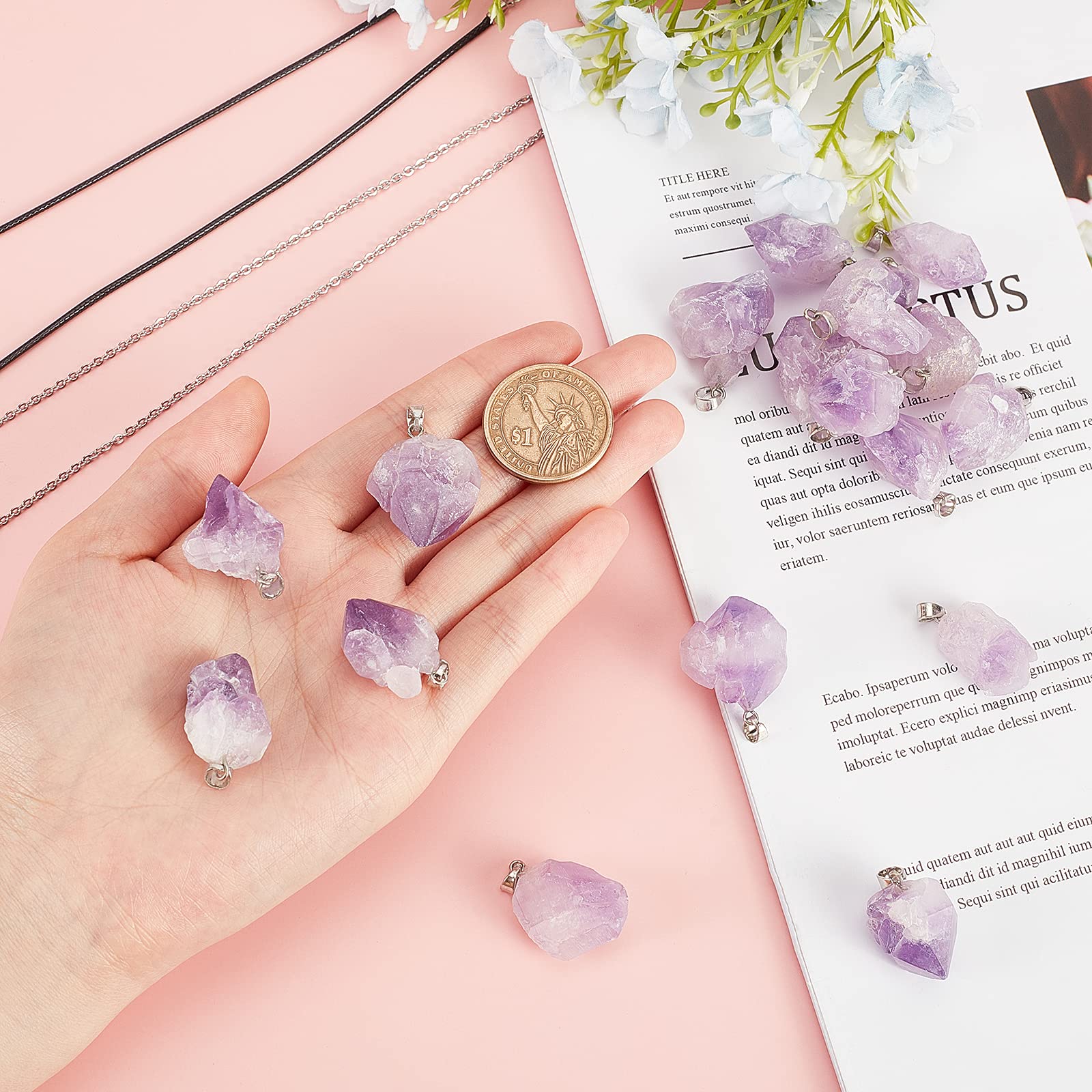 SUNNYCLUE 20Pcs Natural Amethyst Stone Necklace Irregular Rock Pendants Healing Crystal Gemstone Charms with 2 Styles 20Pcs Waxed Cotton Cord Necklace,Stainless Steel Necklaces for Necklace Making - Image 3