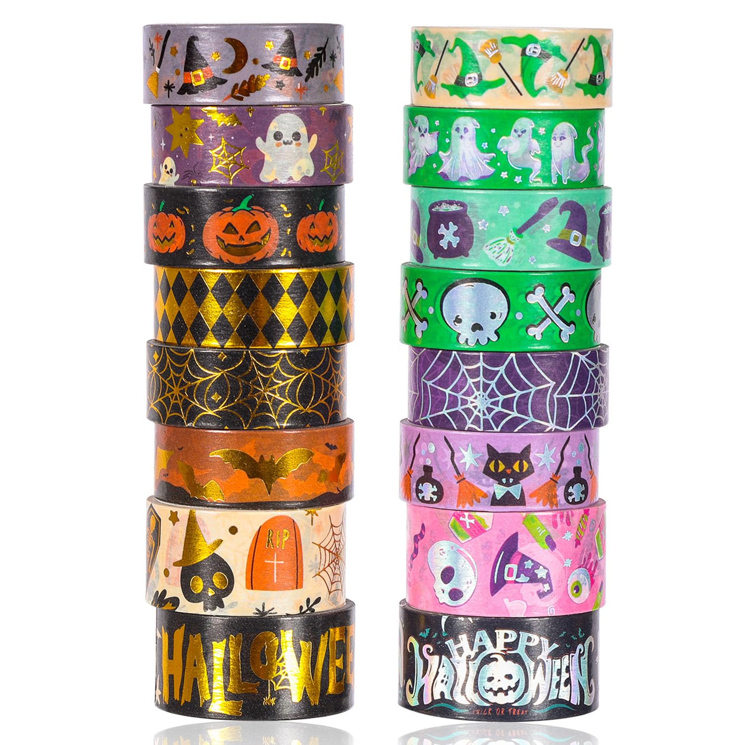 AEBORN Juego de cintas Washi de Halloween, 16 rollos de cintas decorativas de lámina dorada con gato, calabaza, fantasma, bruja, perfecto para