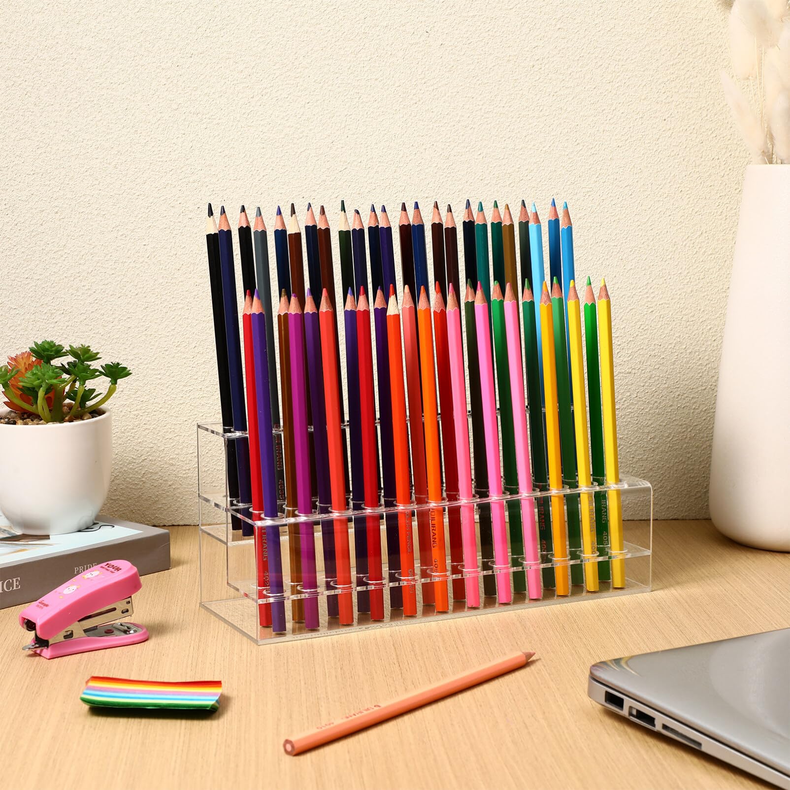 Clear Plastic Pen Holder Display Shelf - 24cm Organizer For Pens, Brushes, Markers & Makeup