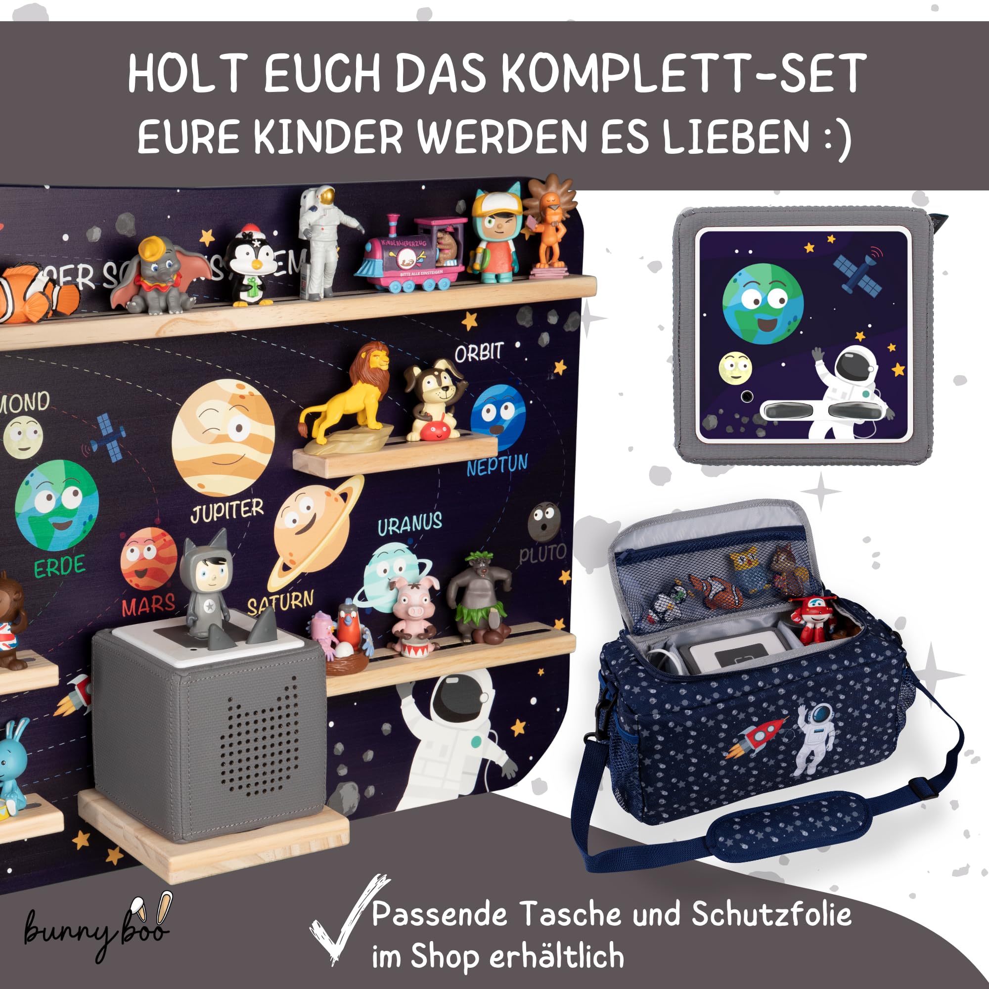 bunnyboo Toniebox Regal - für bis zu 45 Tonies - Testsieger 2024 - Magnetisches Regal für Toniebox und Figuren - geprüfte Qualität - Für Jungen und Mädchen (Astronaut)