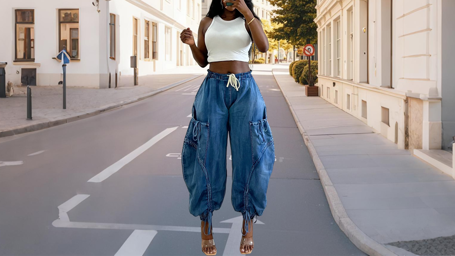 Symina Women's Baggy Cargo Jeans Wide Leg Denim Pants Drawstring