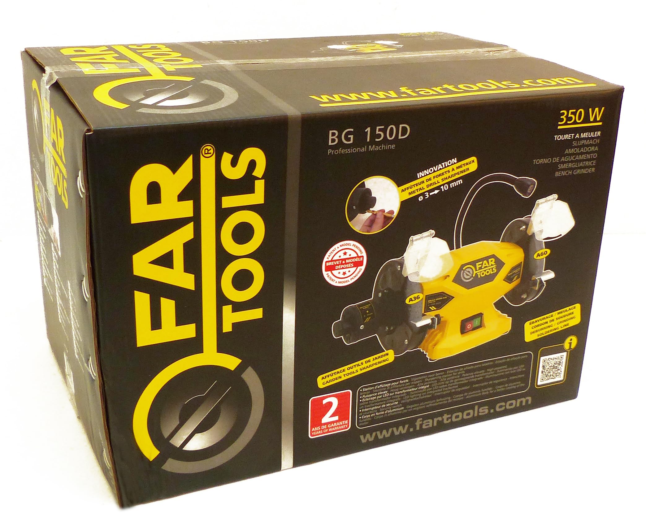 Fartools Touret à meuler 400W, meule-meule 2xØ150mm (grain A36 & A60) avec affuteur de forets, lampe LED, vitesse de rotation 2950tr/min