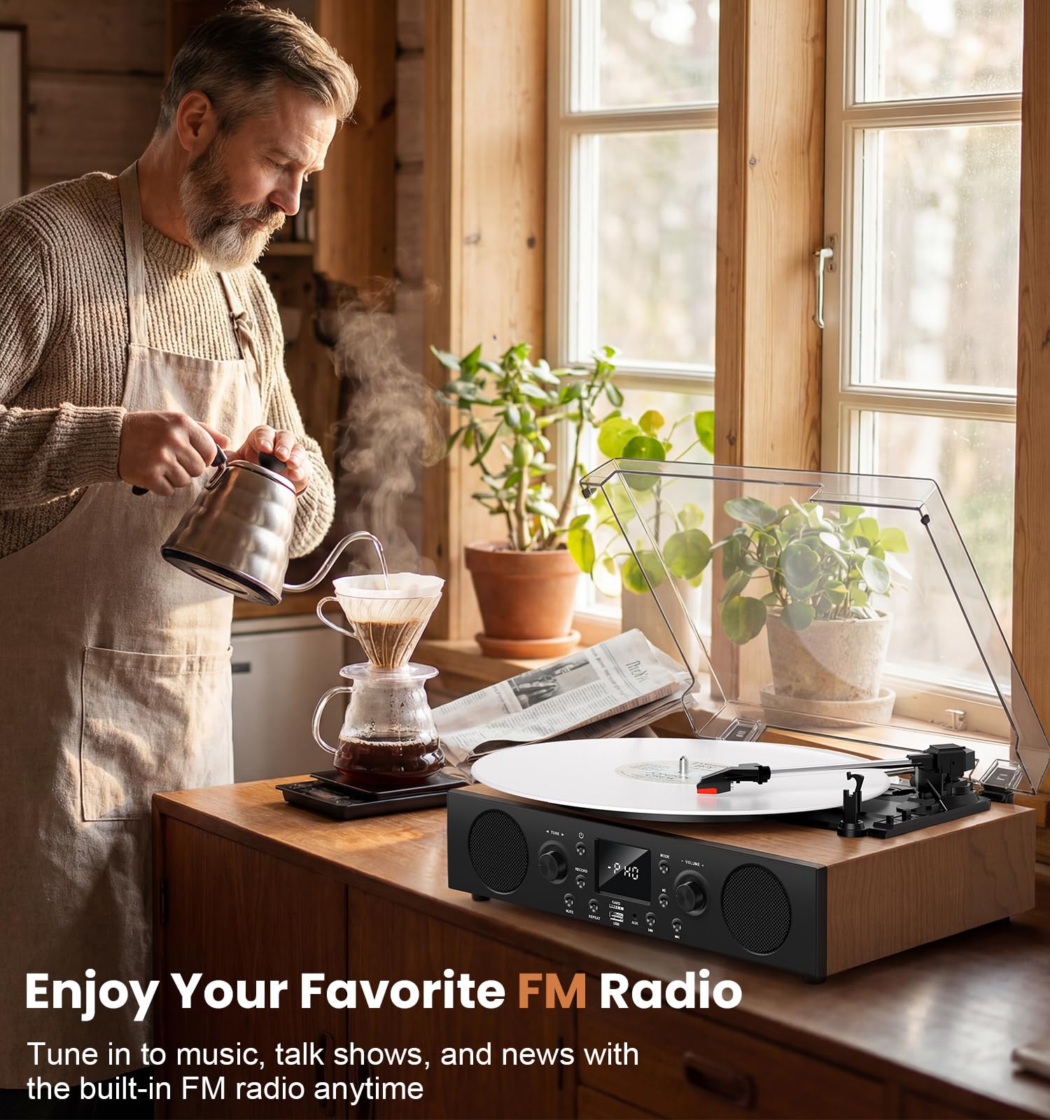 Heritage Walnut - Giradischi in vinile, 3 velocità, Bluetooth, con altoparlanti integrati, cartuccia stilo Ruby, giradischi HiFi con trasmissione a cinghia con radio FM, display LCD