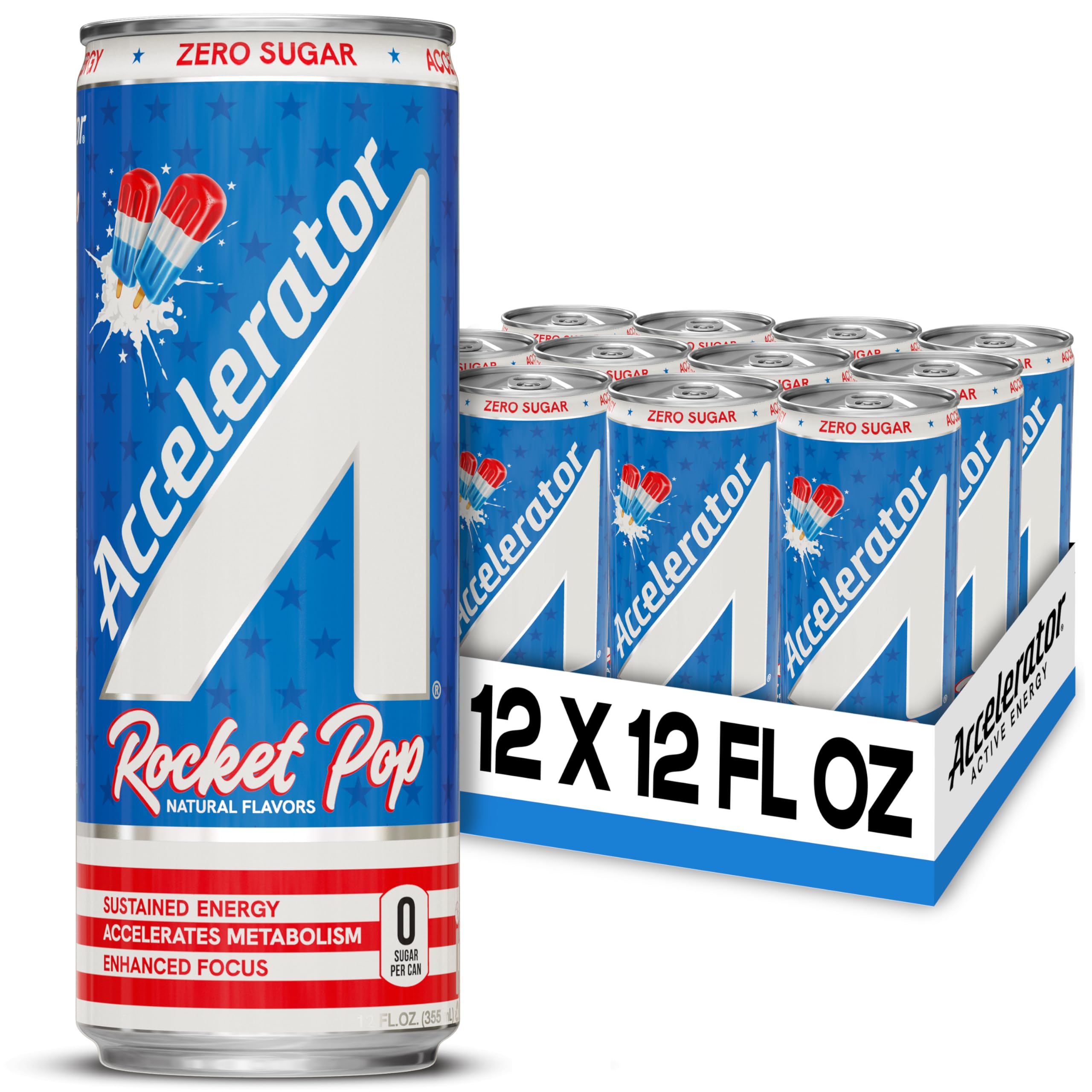 Accelerator Energy Drink Sugar Free, Rocket Pop 12oz can(12 pack) Zero Sugar Energy Drinks with Sustained Energy from 100% Natural Caffeine (200mg) & Green Tea extract