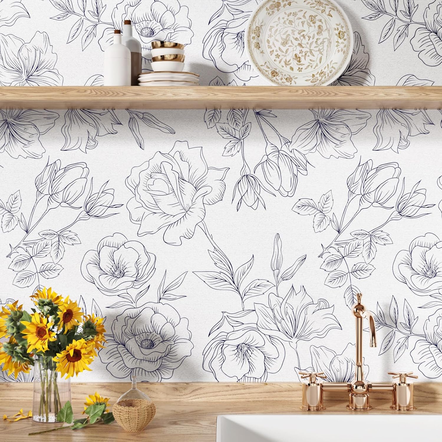 Navy Blue Leaf Floral Wallpaper for Bedroom Walls Blue Floral Peel and Stick Wallpaper Self Adhesive Removable Wall Paper Waterproof Contact Paper for Cabinets and Drawers Decor 17.5"X118"