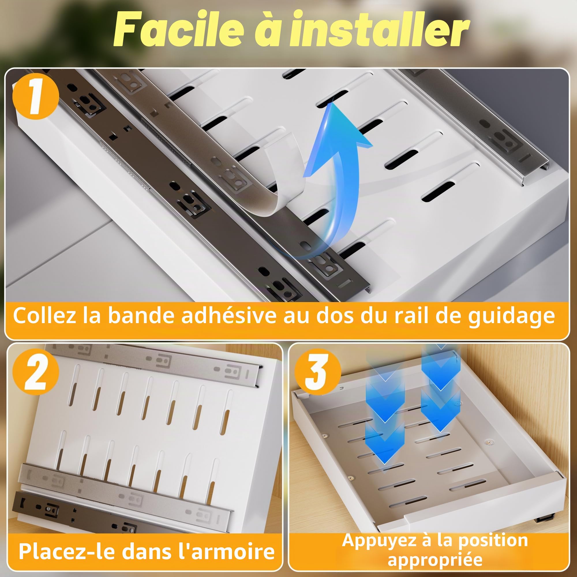 Paquet de 2 Tiroir Coulissant Cuisine Adhesif, Bac Coulissant Placard Cuisine, Organisateur D'Armoires De Pour Armoires, Organisateur de Tiroirs(blanc)