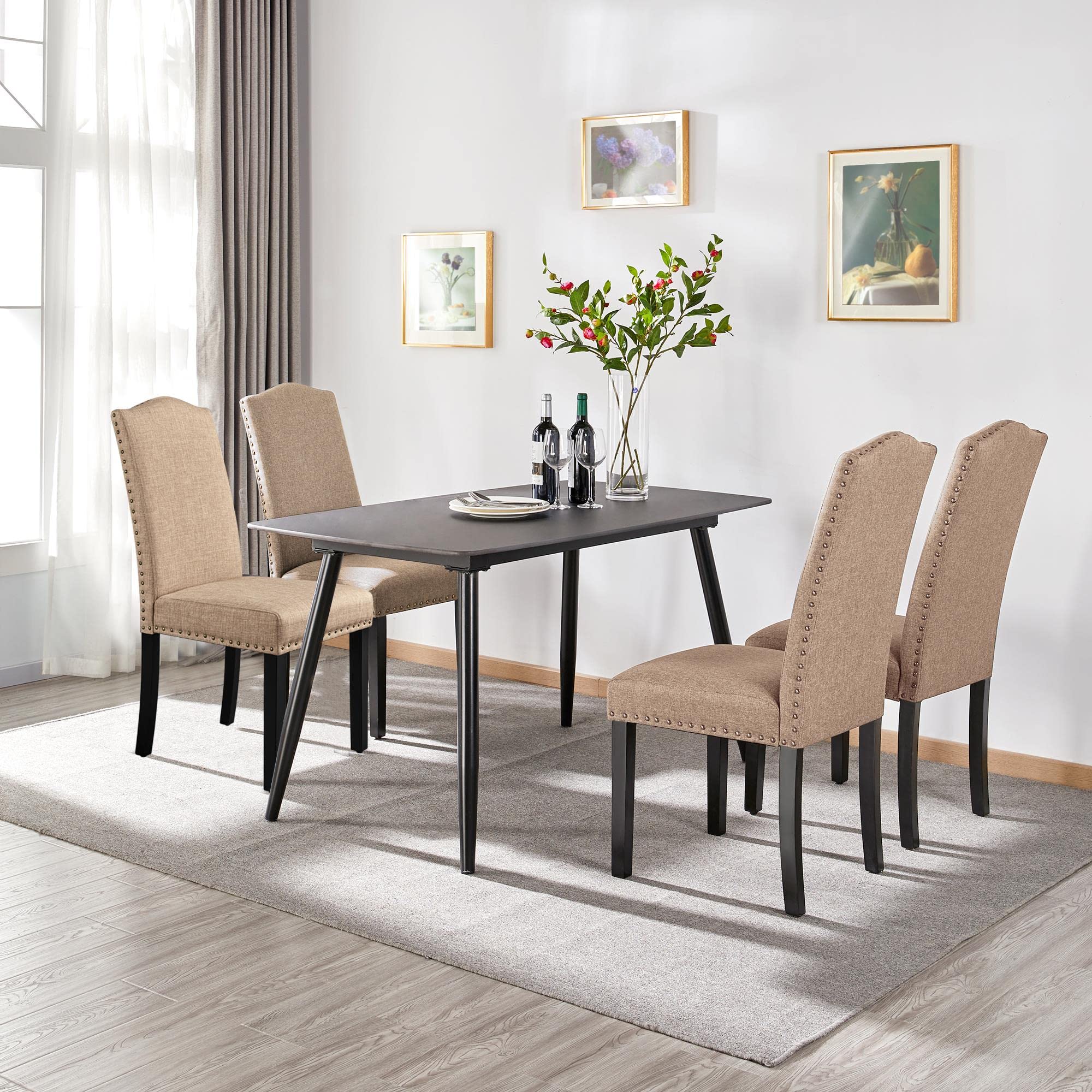 Yaheetech 4pcs Sillas de Comedor Tapizadas en Tela Silla con Respaldo Khaki | Silla para Comedor con Respaldo, Silla Tapizada de Tela, Pata Madera, Pack de Sillas para Restaurante, Sillon