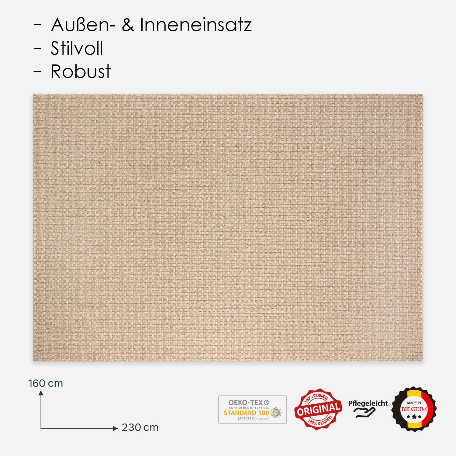 DomDeco In- & Outdoor Teppich UMAR mit unifarbenem Flachgewebe - wetterfest & robust für Garten/Terrasse/Balkon oder Innenräume, aus Kunstfaser, Beige in 160x230cm