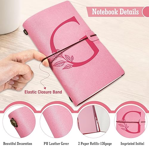 Miniatura 3 de Diario personalizado para regalo, diario de cuero con inicial rosa + juego de bolígrafo de corazón de diamante, cuaderno de viaje, bloc de notas