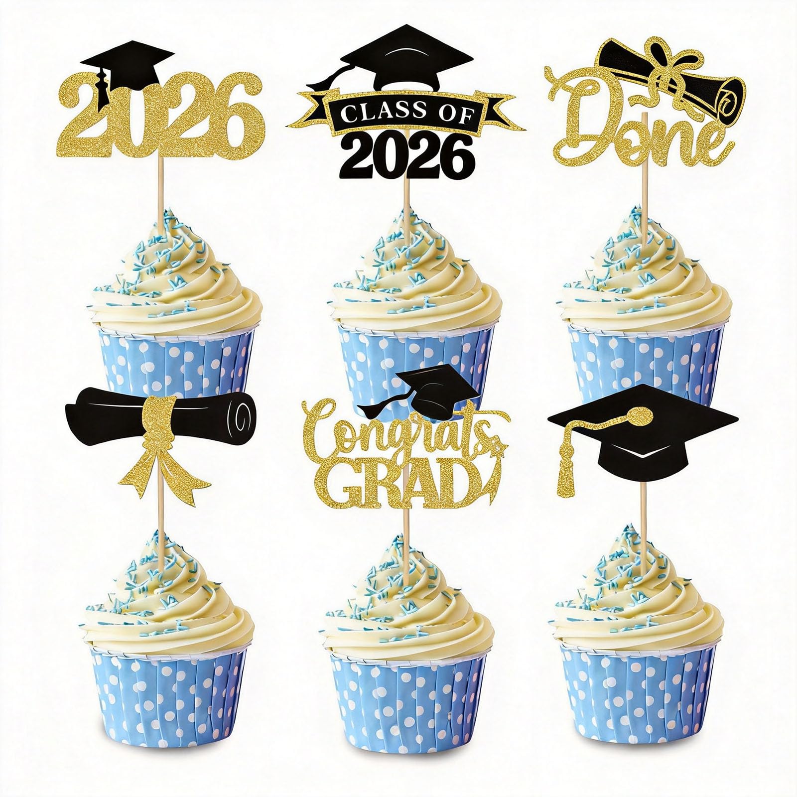 12 Pcs 2026 Graduation Cupcake Toppers, Gold Black Glitter Class of 2026 Cake Topper