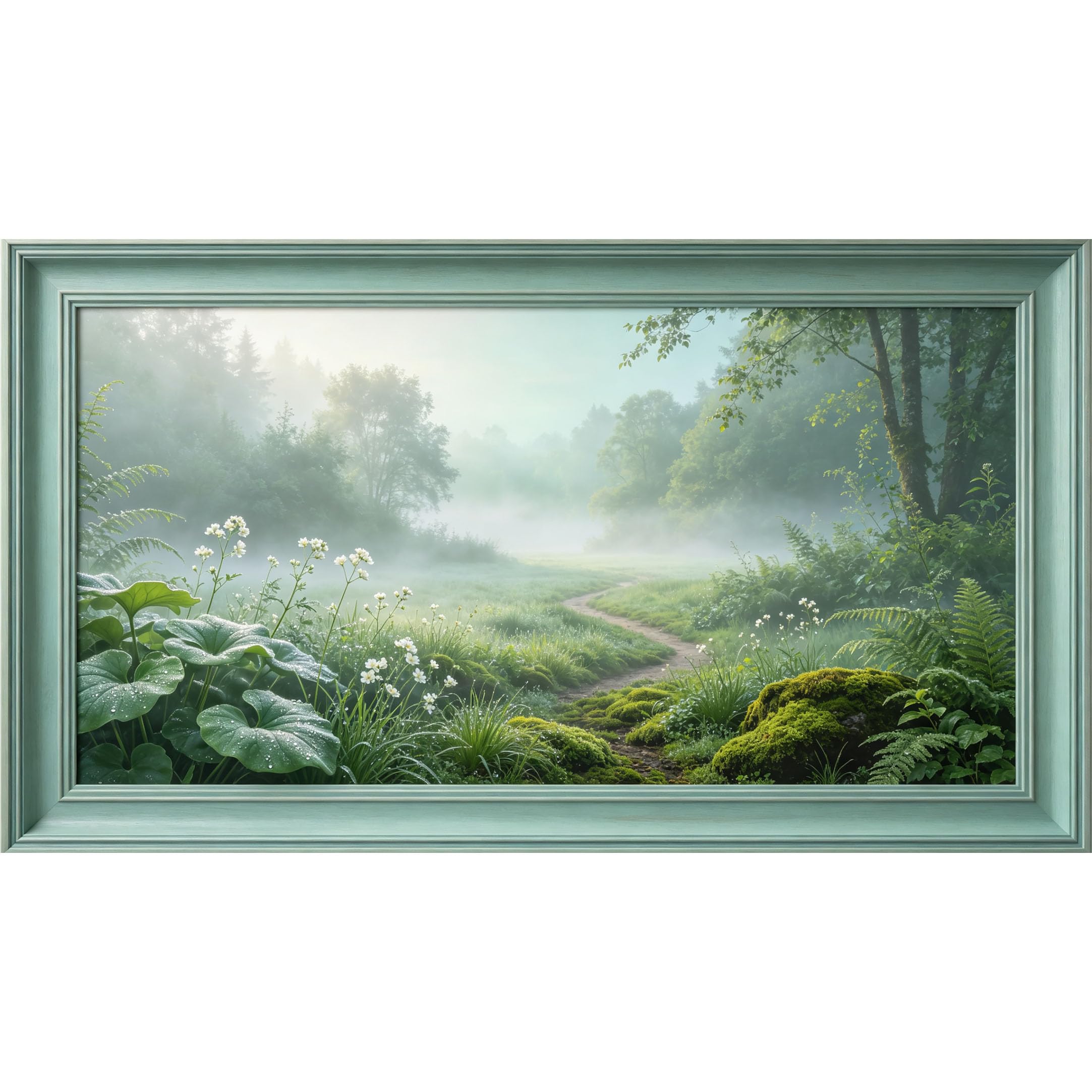QZLITHOTIC 50x90cm3D Framed Wall Art， Misty Forest Landscape Botanical Pathway Self‑Adhesive Mural， Water‑Activated Peel & Stick Fabric Decor Wall Decal for Bedroom Living Room