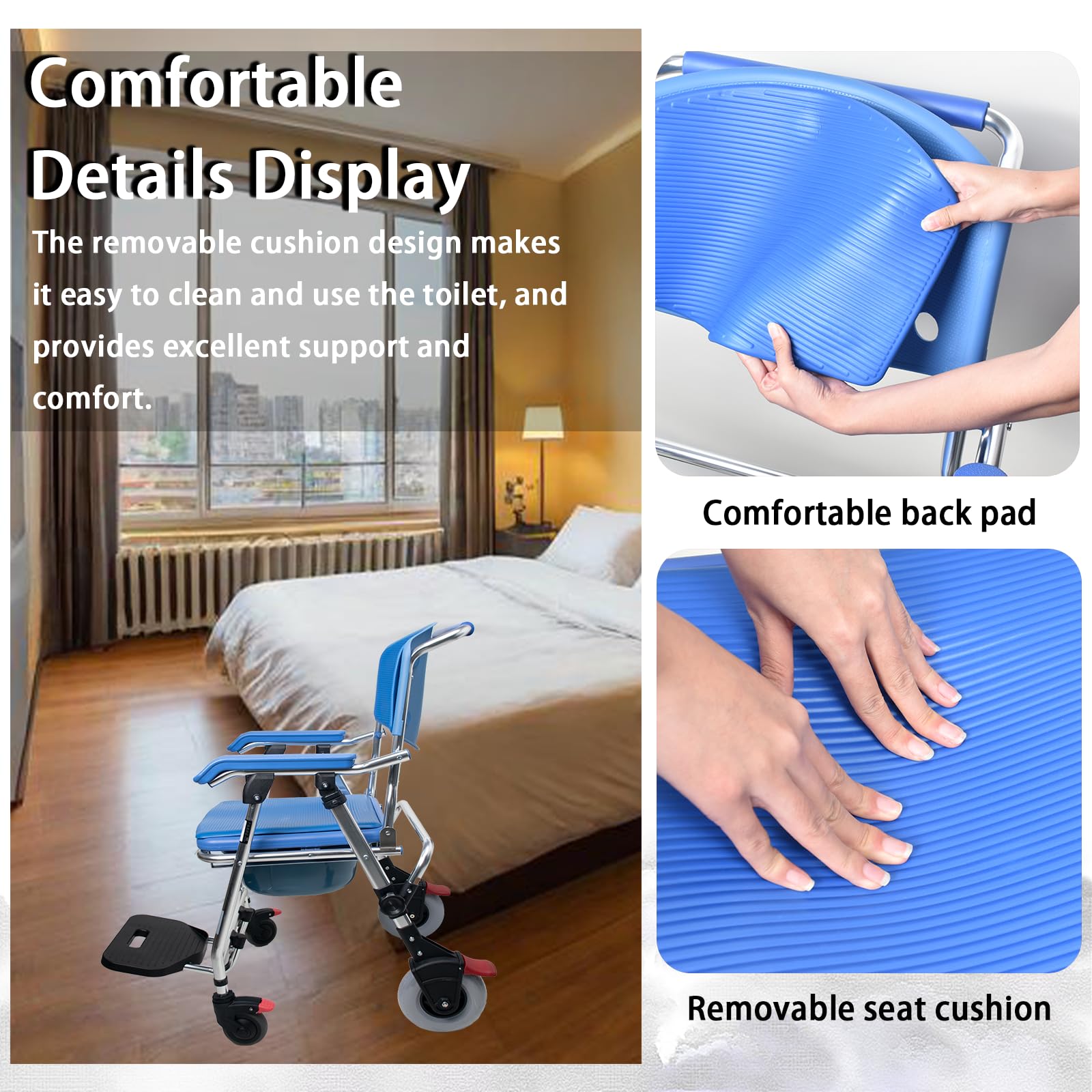 Sedia Comoda Pieghevole WC per Anziani con Rotelle, Blu Sedia a Rotelle con WC per Anziani Pieghevole, 3-in-1 Sedia Doccia Disabili con Ruote Impermeabile, 150kg