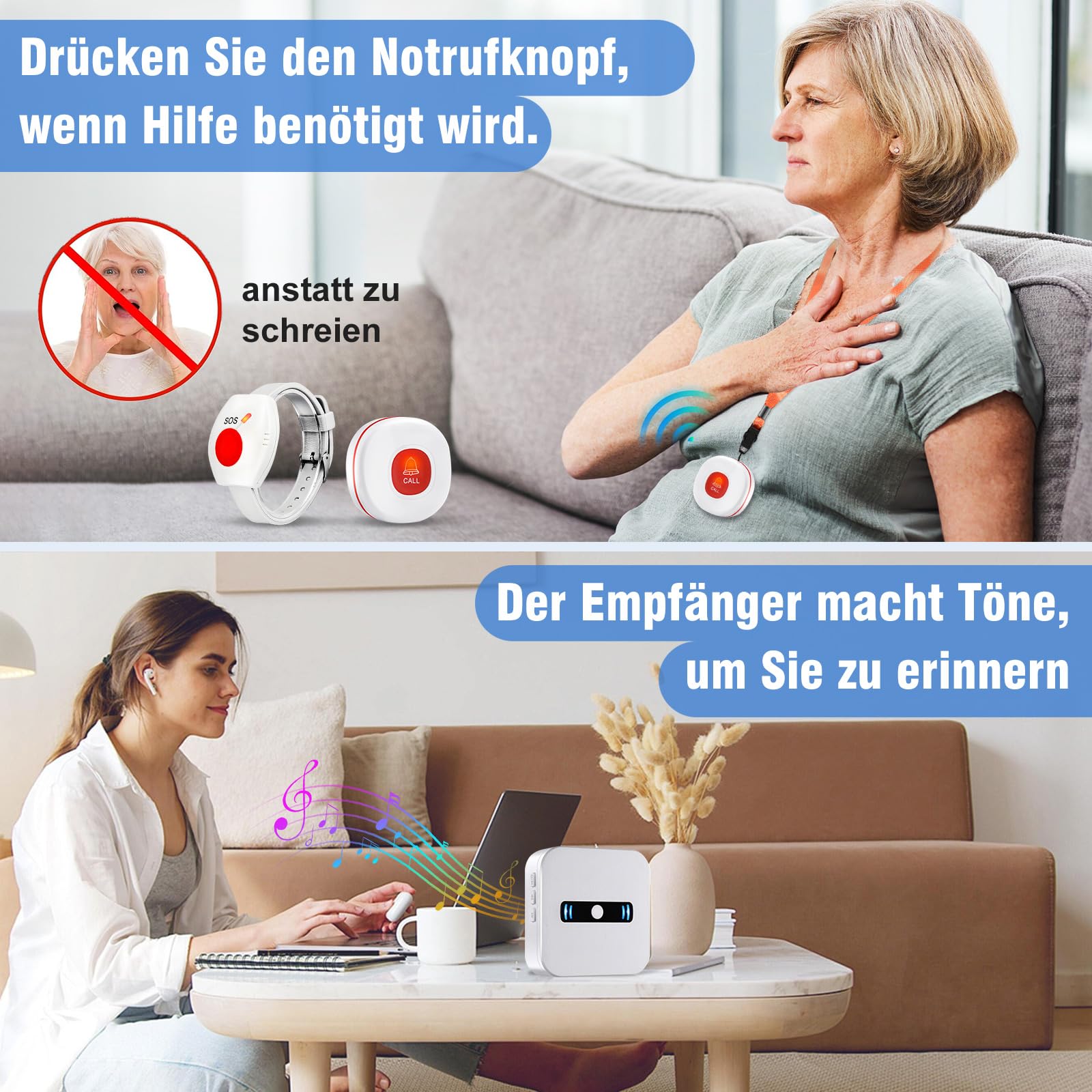 Daytech z przypomnieniem o słabej baterii przycisk alarmowy dla seniorów, połączenie alarmowe z bransoletką alarmową do pielęgnacji domowej, bransoletka dla seniorów wymagających opieki, cierpliwości