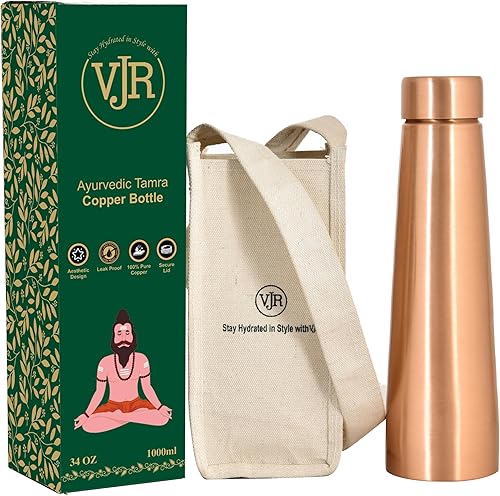 VJR Botella de agua de cobre 100% puro para beber, 34 onzas, simple, ayurvédica, a prueba de fugas, botella de solomán pura para beber vasos de