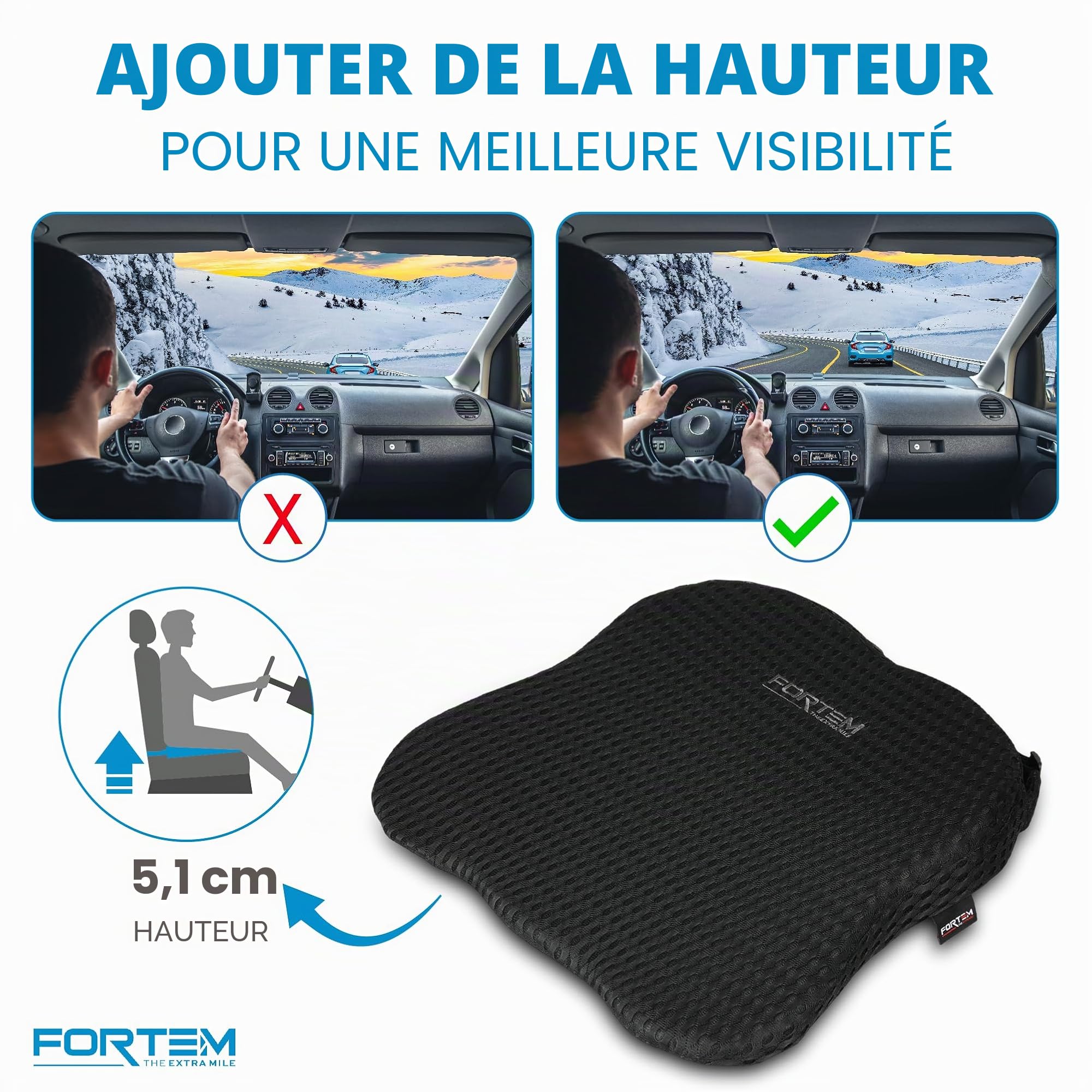 FORTEM Coussin de Siège Auto avec Soutien Dorsal, Mousse à Mémoire de Forme, Confort pour la Conduite, Base Antidérapante, Sangles Réglables, Housse Lavable