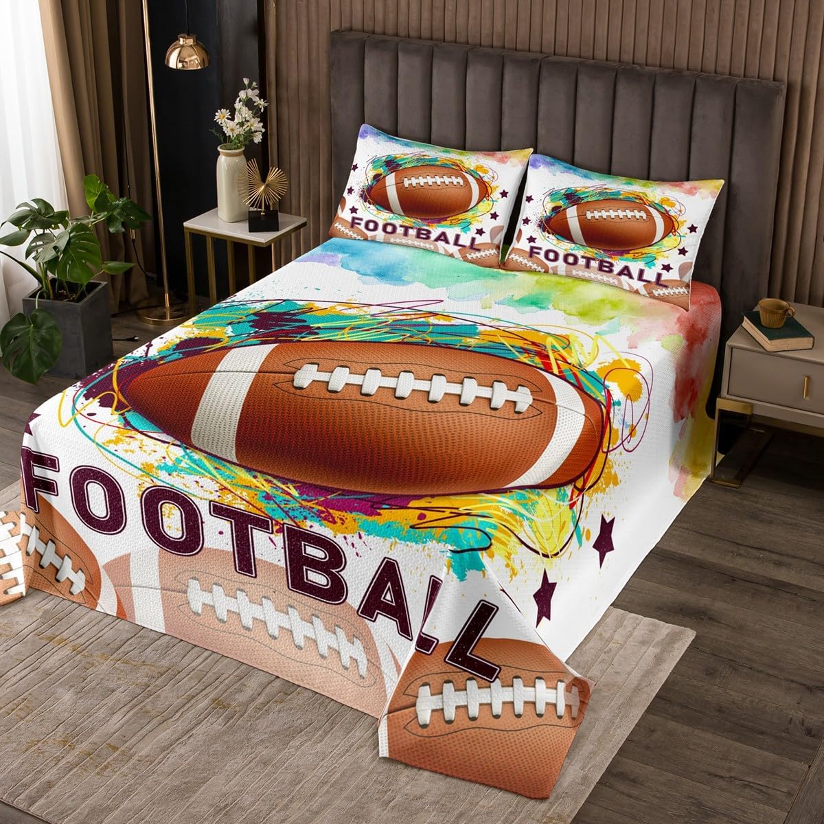 jejeloiu Rugby Bedspread Football Bedspread for Kids Boys Girls Ball Games Coverlet Set Sport Theme Quilted Bedroom Collection 2Pcs Twin Size
