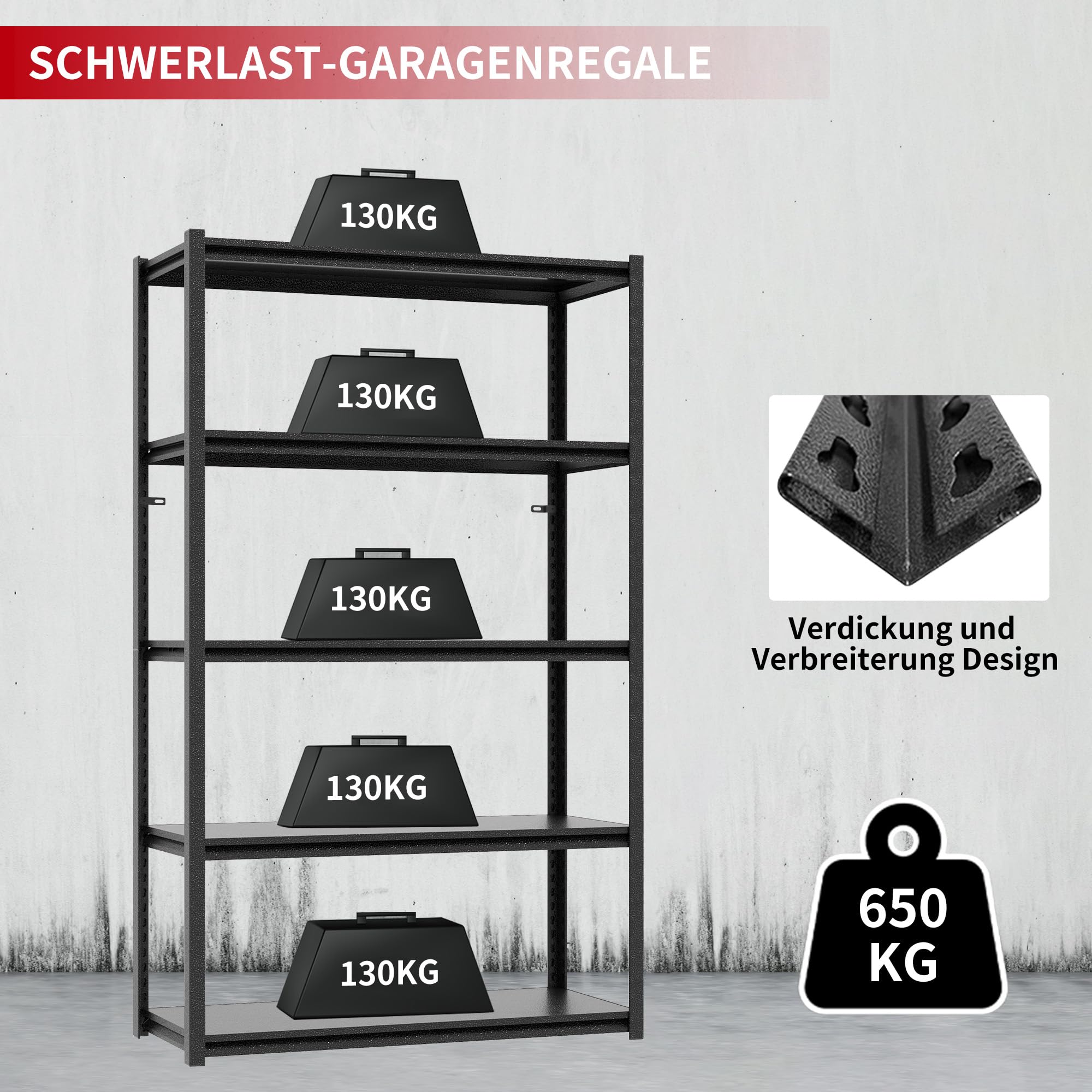 vutizal Regał do dużych obciążeń, metalowy regał do piwnicy, nośność 650 kg, regulacja wysokości, do magazynu, wyposażenia warsztatu, 180 x 90 x 40 cm, wytrzymała przestrzeń do przechowywania