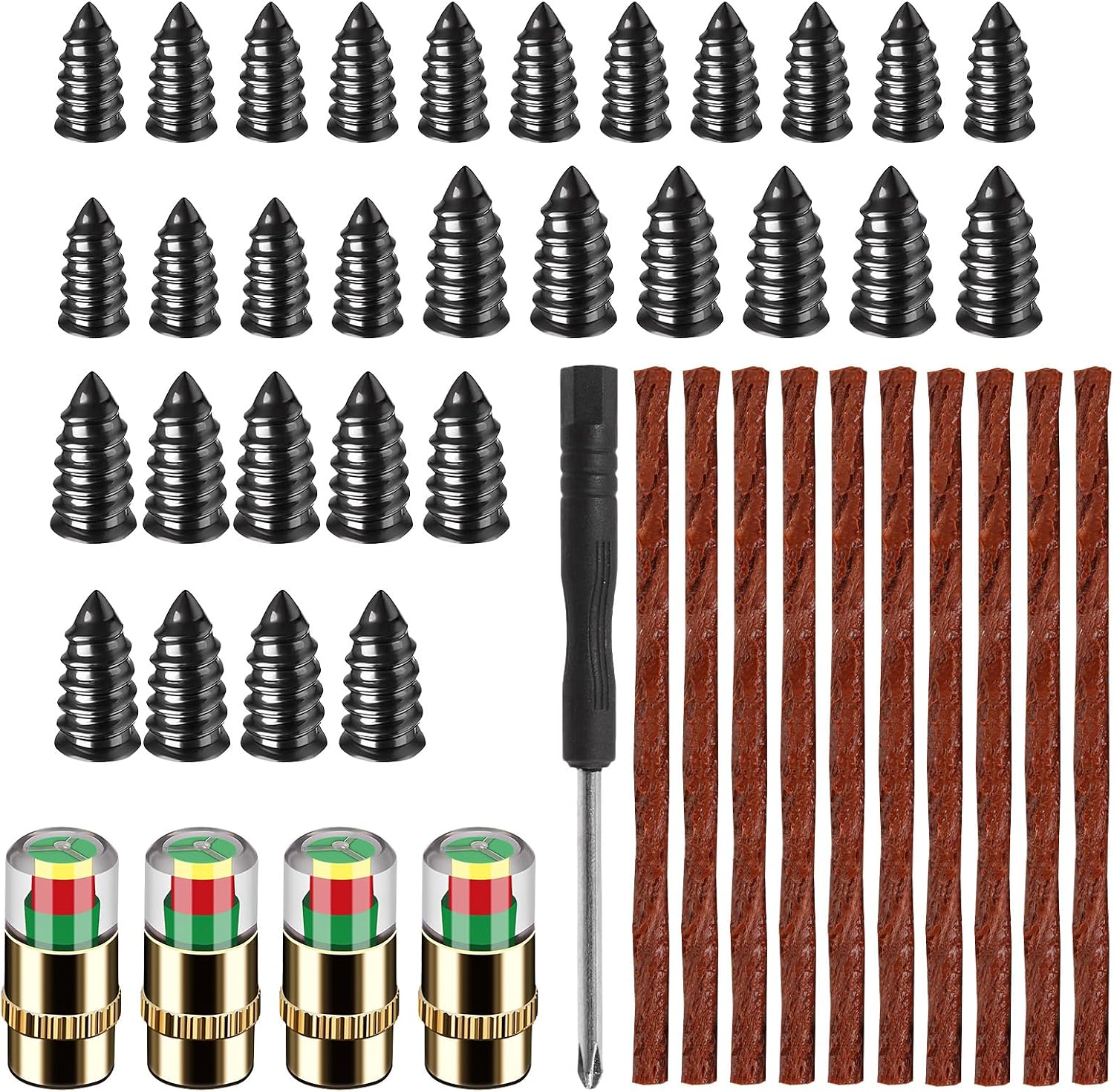 35PCS TireCar Tire Pressure Monitor Valve Stem Caps Sensor Indicator and Repair Plugs, Rubber Nail Kit and Gum Strips for Car Truck Motorcycle Emergency Repair