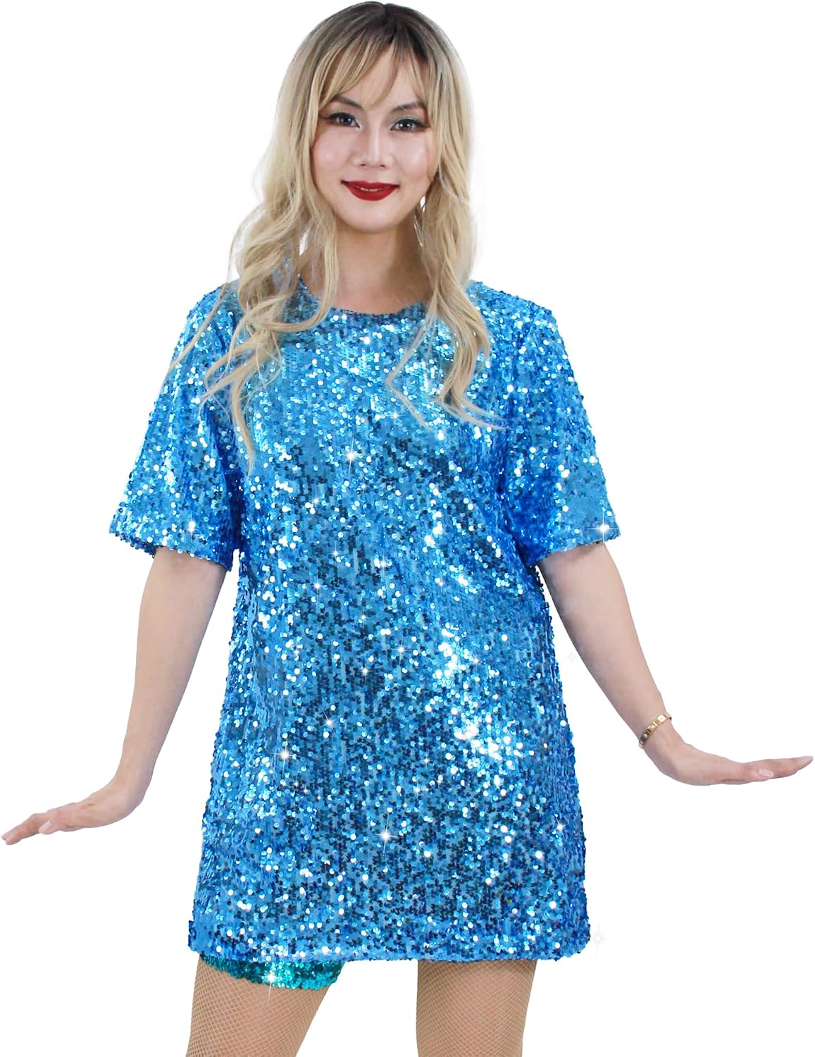 Sequin T-Shirt Dress Sparkly Casual Short Sleeve Party Club Outfit Costume