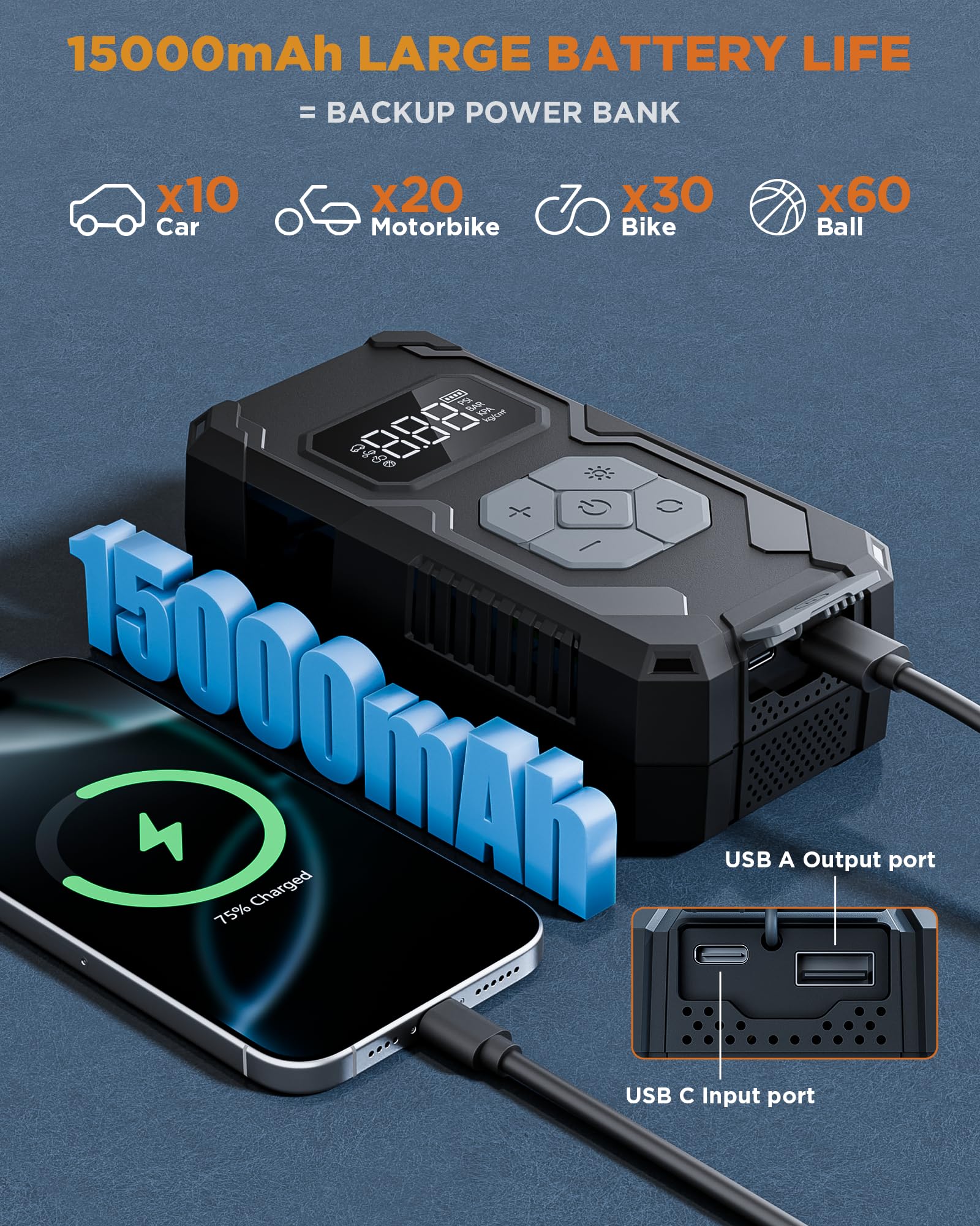 Tire Inflator Compressore Aria Portatile Senza Fili 150PSI, Batteria Ricaricabile con Manometro Digitale, Auto Spegnimento e Luce LED, Gonfiatore Elettrico per Auto, Moto, Bici, Palloni, Grigio