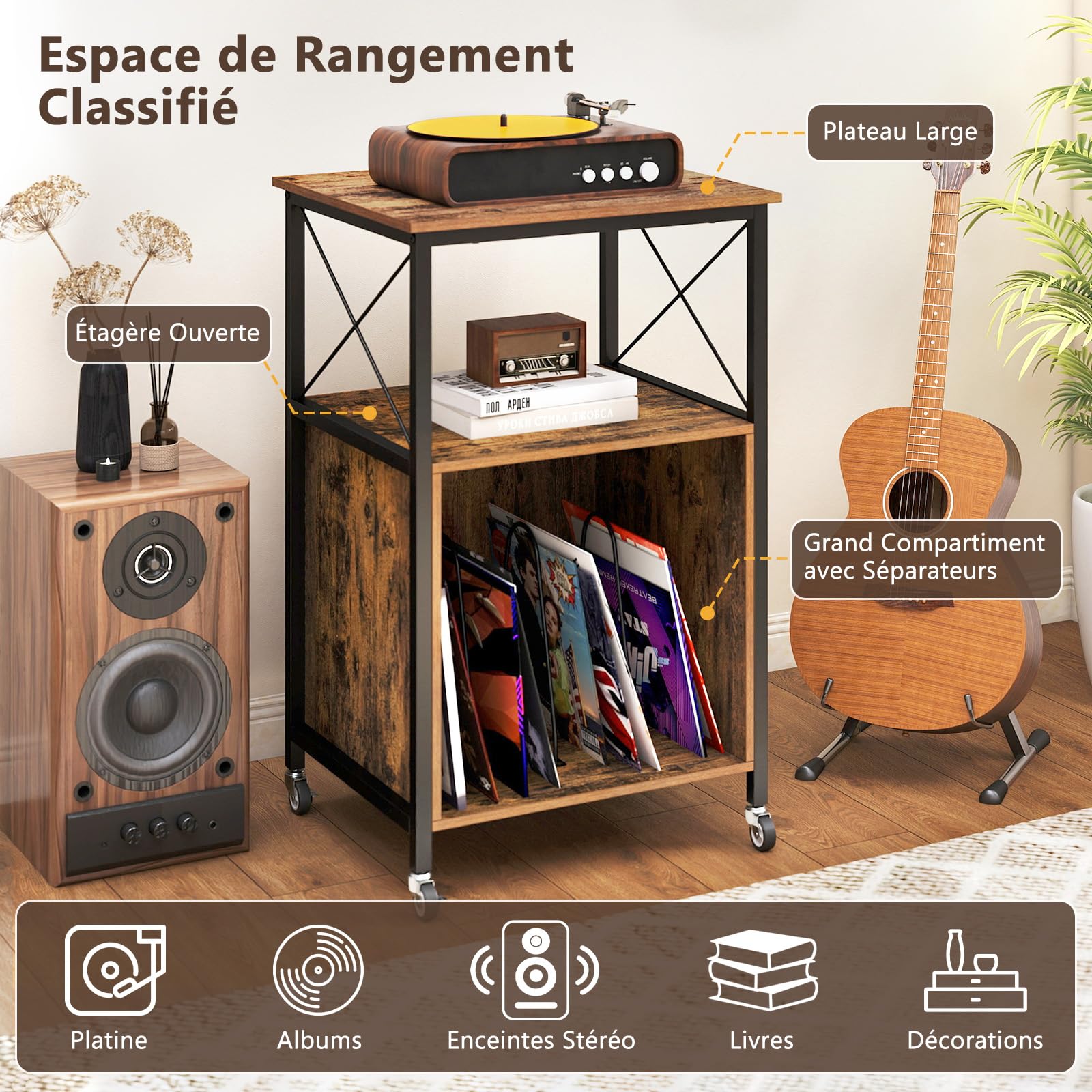 GOPLUS Meuble Platine Vinyle avec Station de Charge Intégrée, 2 Prises AC, 1 USB, et 1 Type-C, Support pour Tourne-Disque, 2 Roues Verrouillables, Style Industriel pour Vinyles et CD, 50x45x82cm
