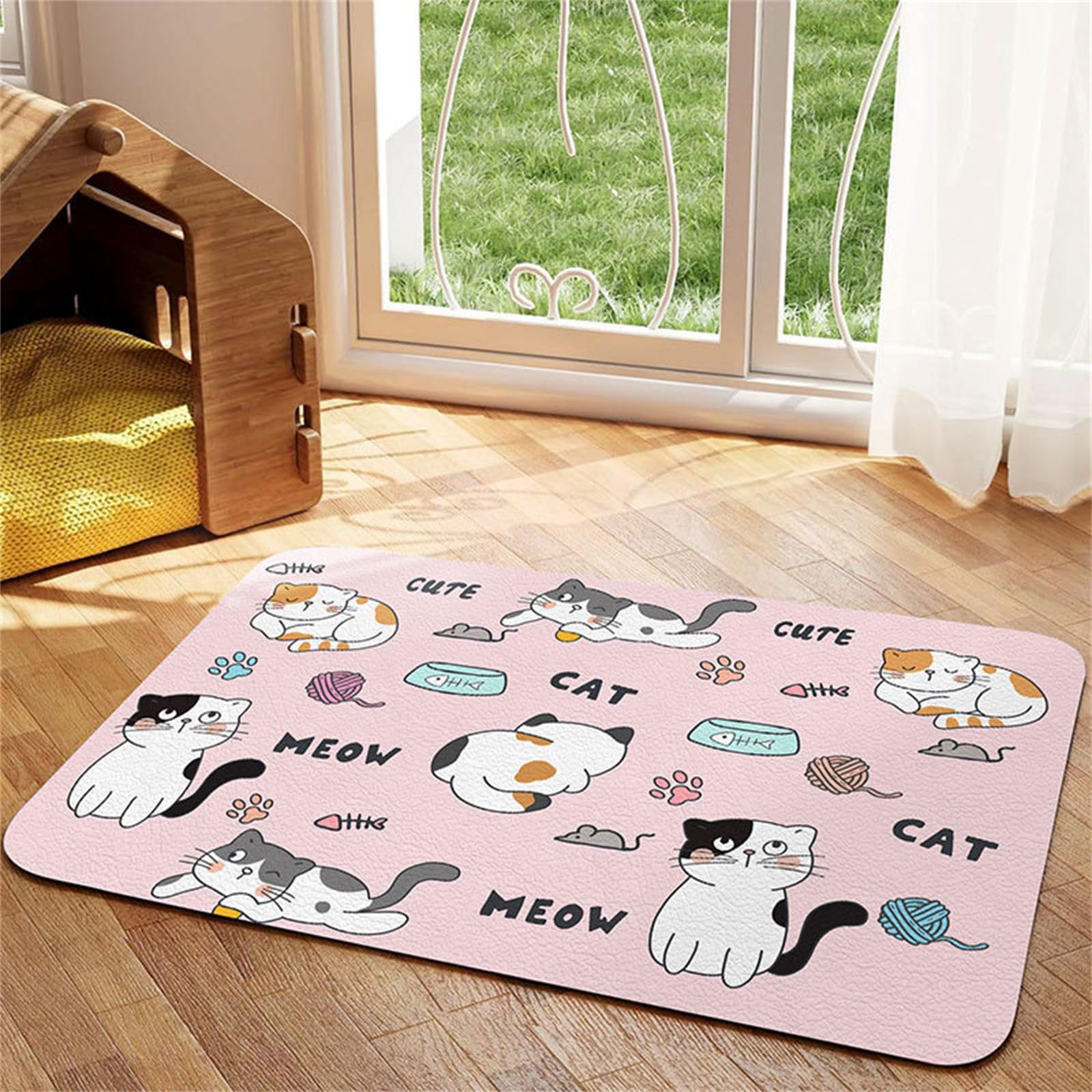 Hearda Absorbent Pet Food Mat, Pet Mats for Food Bowls Pet Feeding Mat Dog Bowl Mats Non Slip Quick Dry Water Dispenser Mat Dog Food Placemat Diatomite Cat Dog Feeding Mat (50x80cm,Cartoon Cat J)
