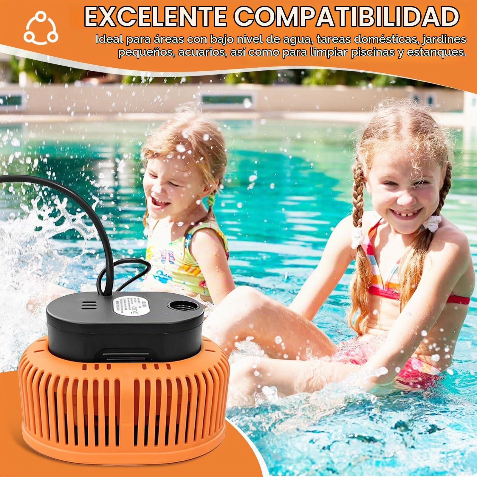 Bomba de Agua Sumergible 75W, Bomba de Cubierta de Piscina 3200L/H Altura Máxima de Elevación 3,2 m con Cable de 7,2 m, 6 Adaptadores Diferentes Manguera de 5 m para Estanques