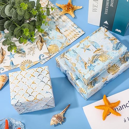 Miniatura 5 de AnyDesign 12 hojas de papel de regalo de animales marinos, acuarela, caballito de mar, coral, papel de regalo plegable a granel, papel de arte plano