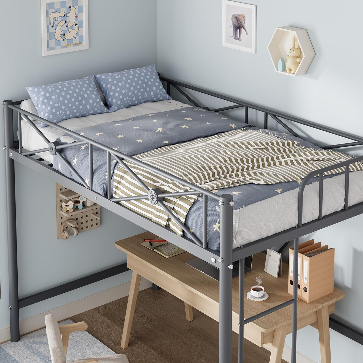 GarveeHome Twin Loft Bed Frame, Heavy Duty Metal with 400 Lbs Weight Capacity, Space-Saving & Noise-Free Design, Industrial Loft Bed for Kids, Teens, Adults, Gray