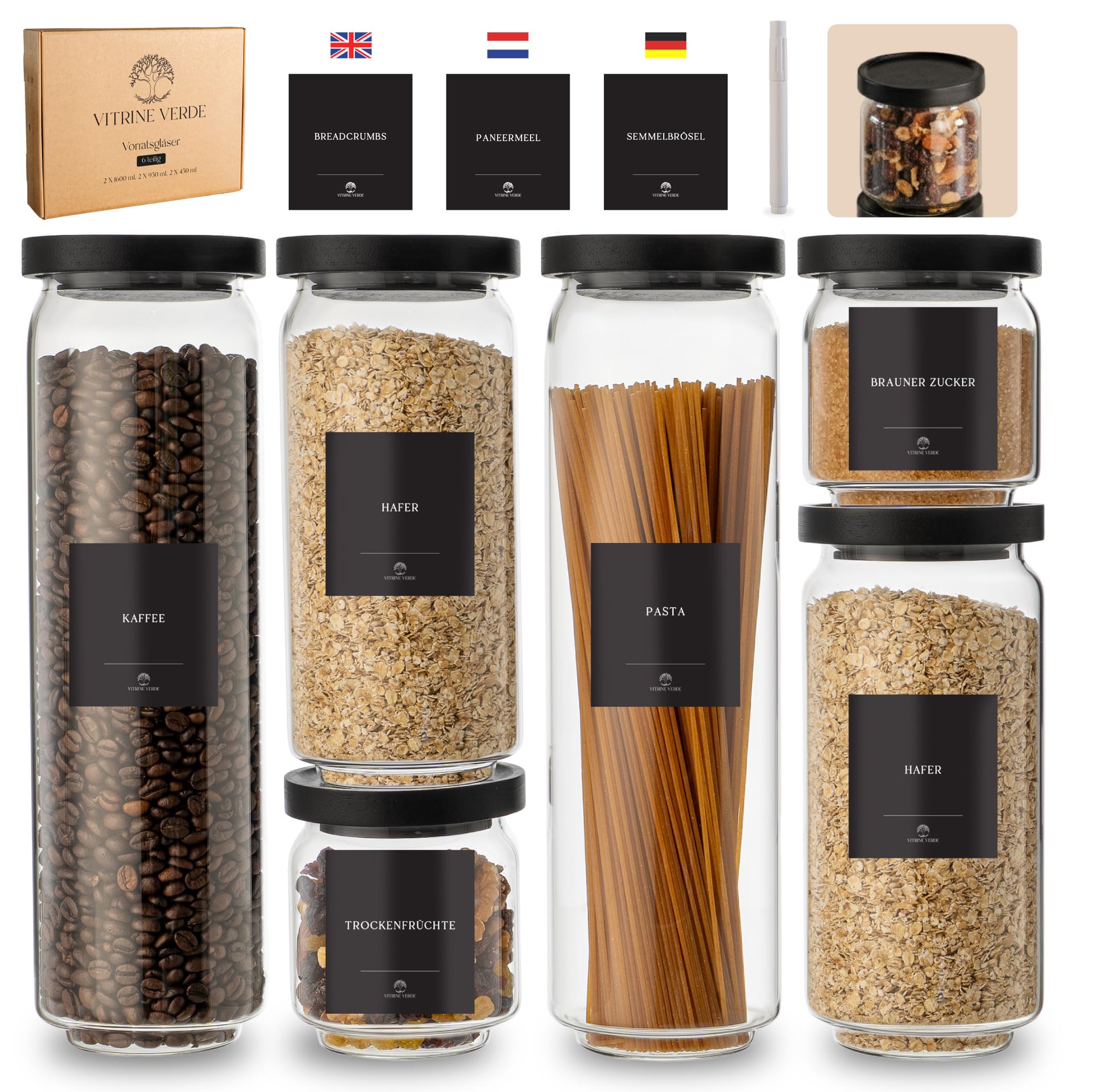 Vorratsgläser 6er Set mit Schwarzem Holzdeckel – Vorratsdosen Glas Luftdicht mit Deckel Stapelbar – inkl. 46 Etiketten & Marker – Borosilikatglas LFGB geprüft