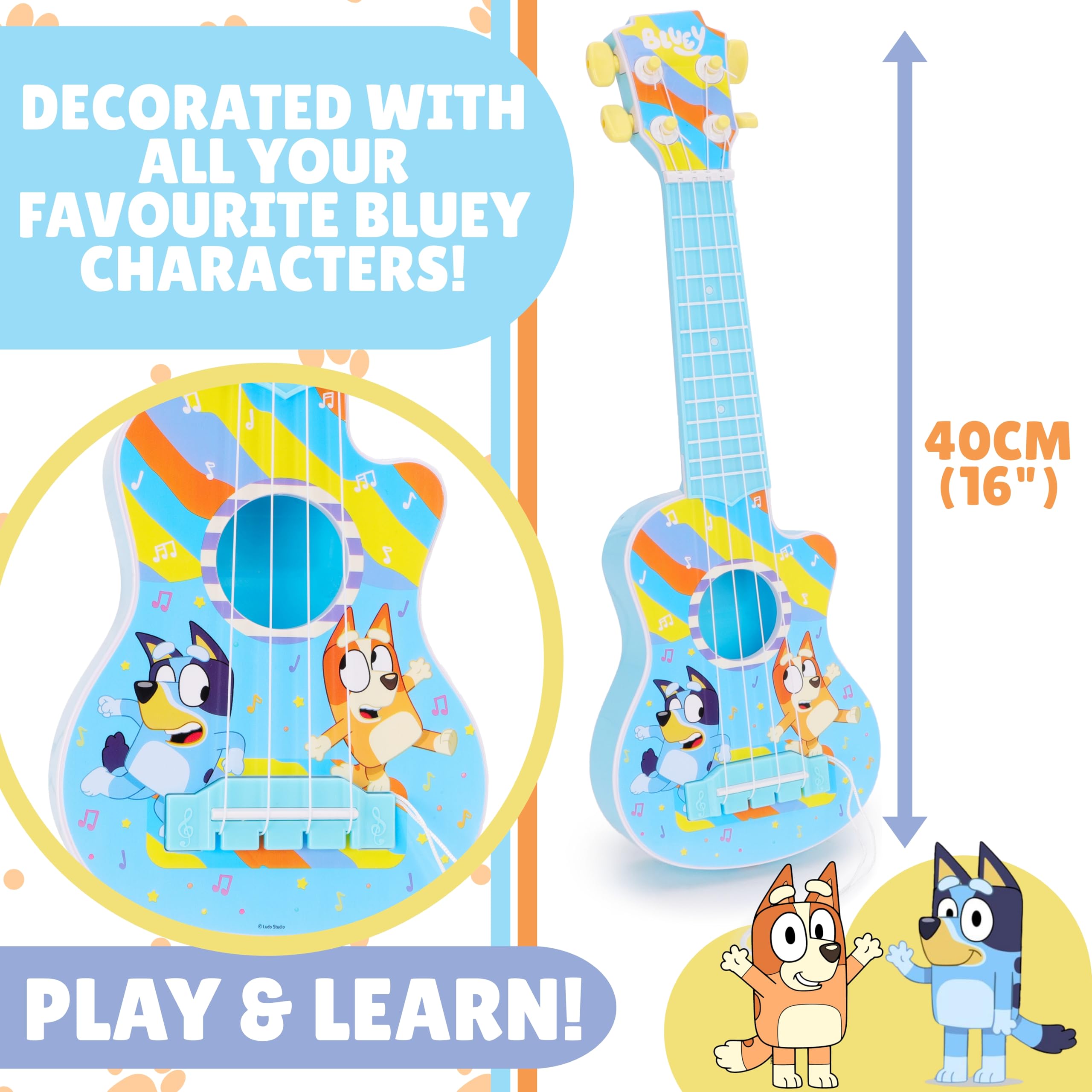 Toyland® 40 cm (16") Bluey La mia prima chitarra con plettro incorporato - Strumento musicale da accordare e suonare - Divertente giocattolo musicale per bambini - Età 3+