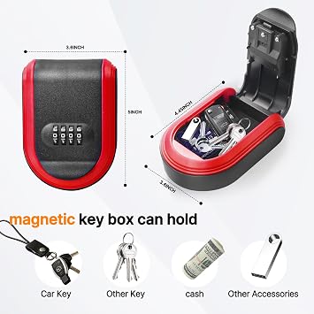 Wall Mount & Magnetic Key Lock Box with 4-Digit Combination Code - Red Heavy-Duty Key Lock Holder, Weatherproof Outdoor Hide-a-Key Box for Home, Car, Office (Universal Fit)