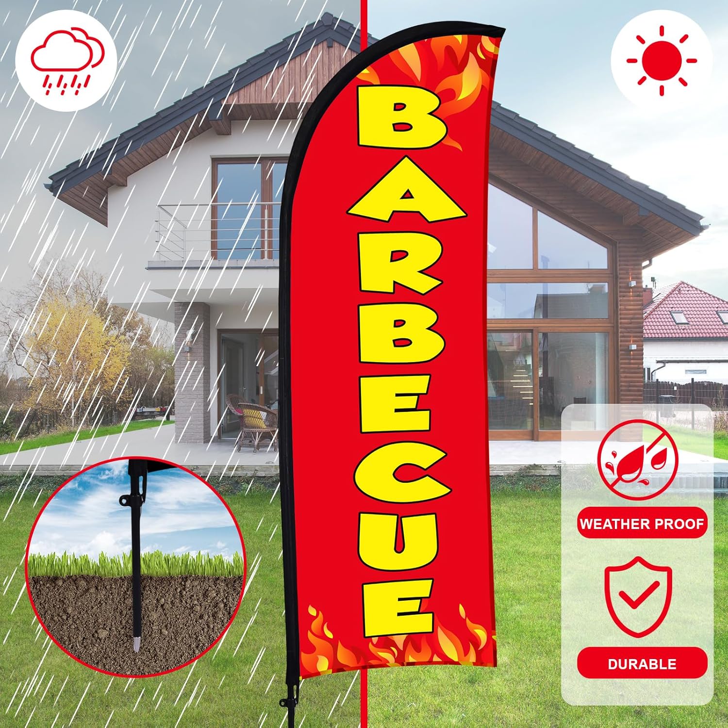 Buryeah 2 Sets Barbecue BBQ Feather Flag Kit 7 x 5.4 ft Barbecue Flag Banner with Pole Ground Stake and Portable Bag for Restaurant BBQ Sign Business Advertising Outside Ground(Red)