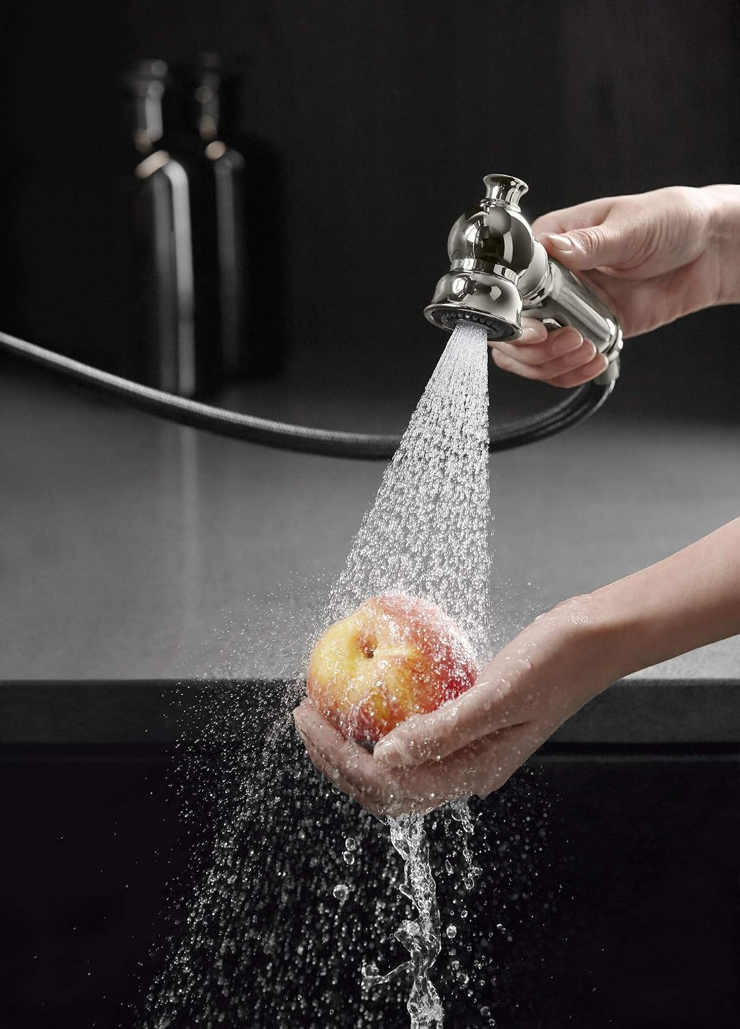 KOHLER Artifacts 2-hole kitchen sink faucet with 13-1/2" swing spout and matching finish two-function sidespray with Sweep® and BerrySoft® spray, Victorian spout design