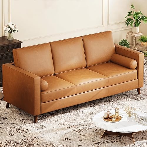 GarveeHome 86" Leather Sofa for Living Room, Mid-Century Modern Couch with Deep Seats, Brown Faux Leather Couch, 3 Seat Sofa with Removable Cover for Apartment, Office, Cognac Tan