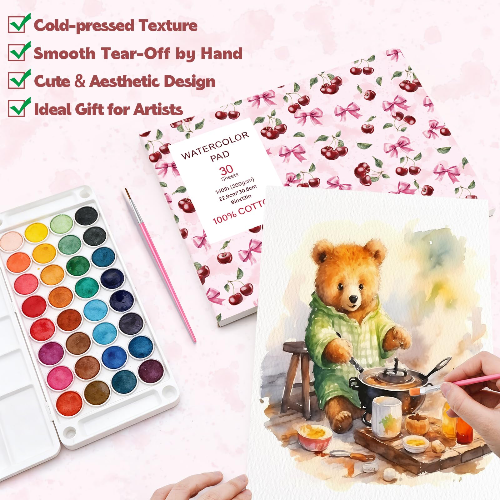 Aquarellpapierblock mit 2 Aquarellpinseln, 22,9 x 30,5 cm, 300 g/m² Wasserfarbenpapier, kaltgepresst, reißbar, Aquarell-Skizzenbuch zum Malen, 30 Blatt